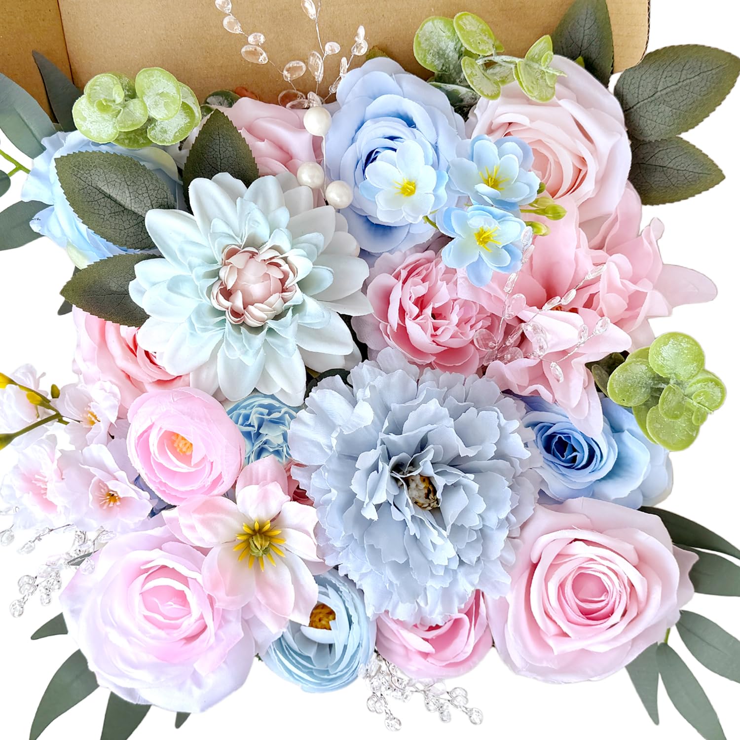 Photo 1 of Baby Blue Pink Artificial Flowers Combo Box Set Bulks Pastel Pink Rainbow Silk Roses Individually Stems Crystal DIY Faux Bridal Wedding Bouquets Cake Decor Arrangements Baby Shower Bloom Flowers