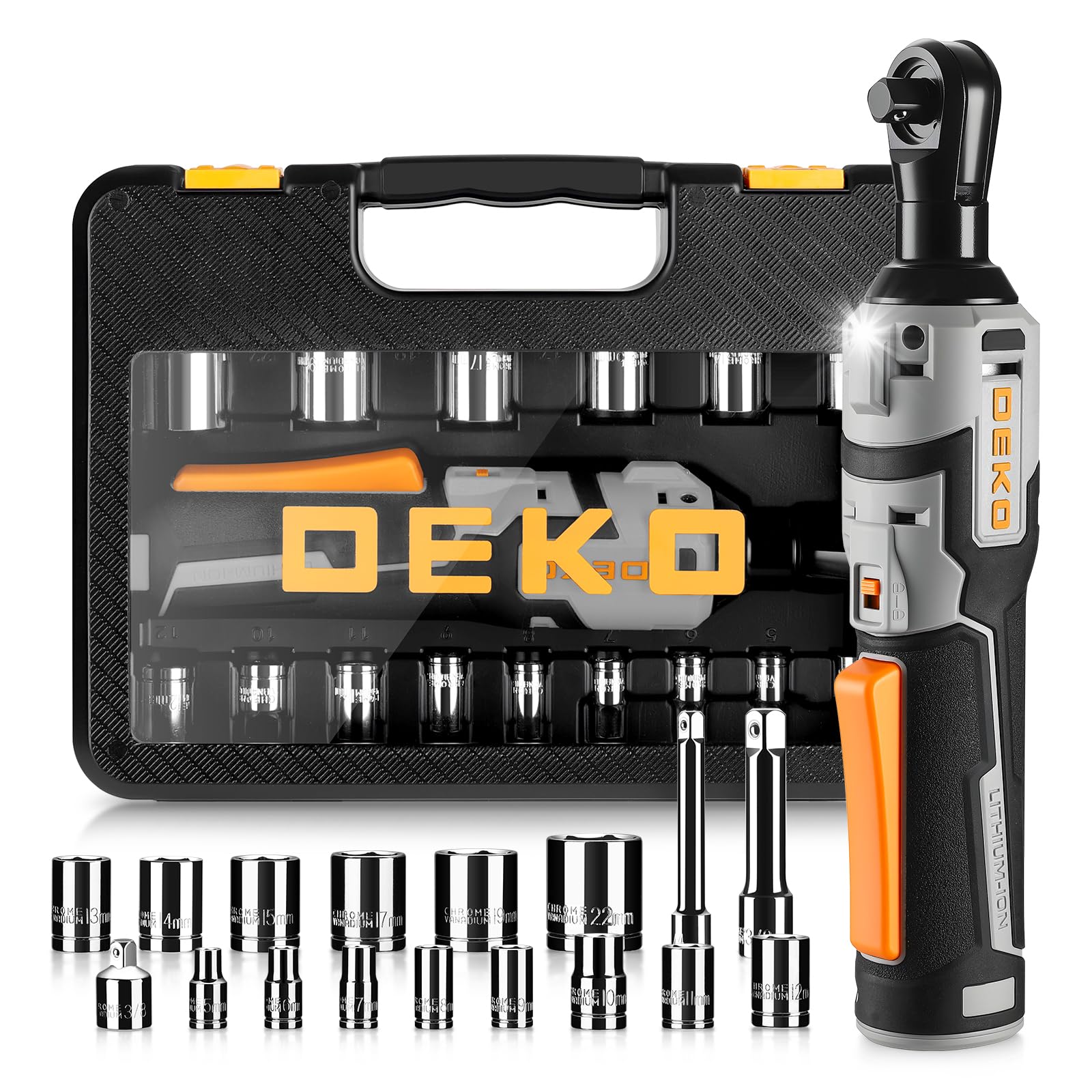 DEKOPRO Juego de Llave de Trinquete Eléctrica Inalámbrica de 3/8'', 19 Piezas, Llave de Trinquete Eléctrica de 8V 30N·m, 450 RPM, Adaptador de Vastago de 1/4'', para Montaje, Mantenimiento y Bricolaje