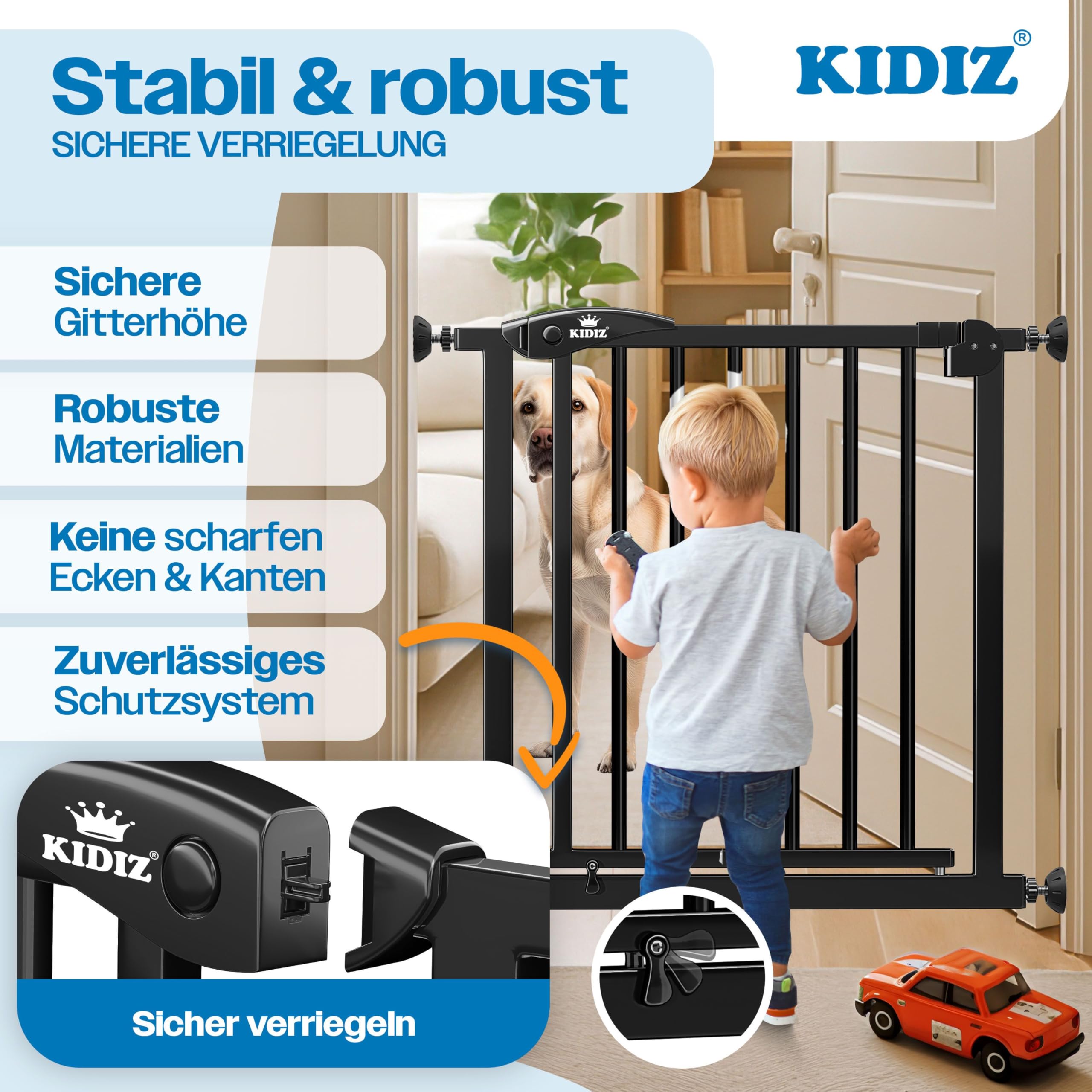 KIDIZ Barrière de sécurité d'escalier sans perçage | Largeur réglable : 88-94 cm, hauteur 75 cm, Barrière de sécurité de porte et barrière pour enfants et chiens, ouverture d'une seule main, système