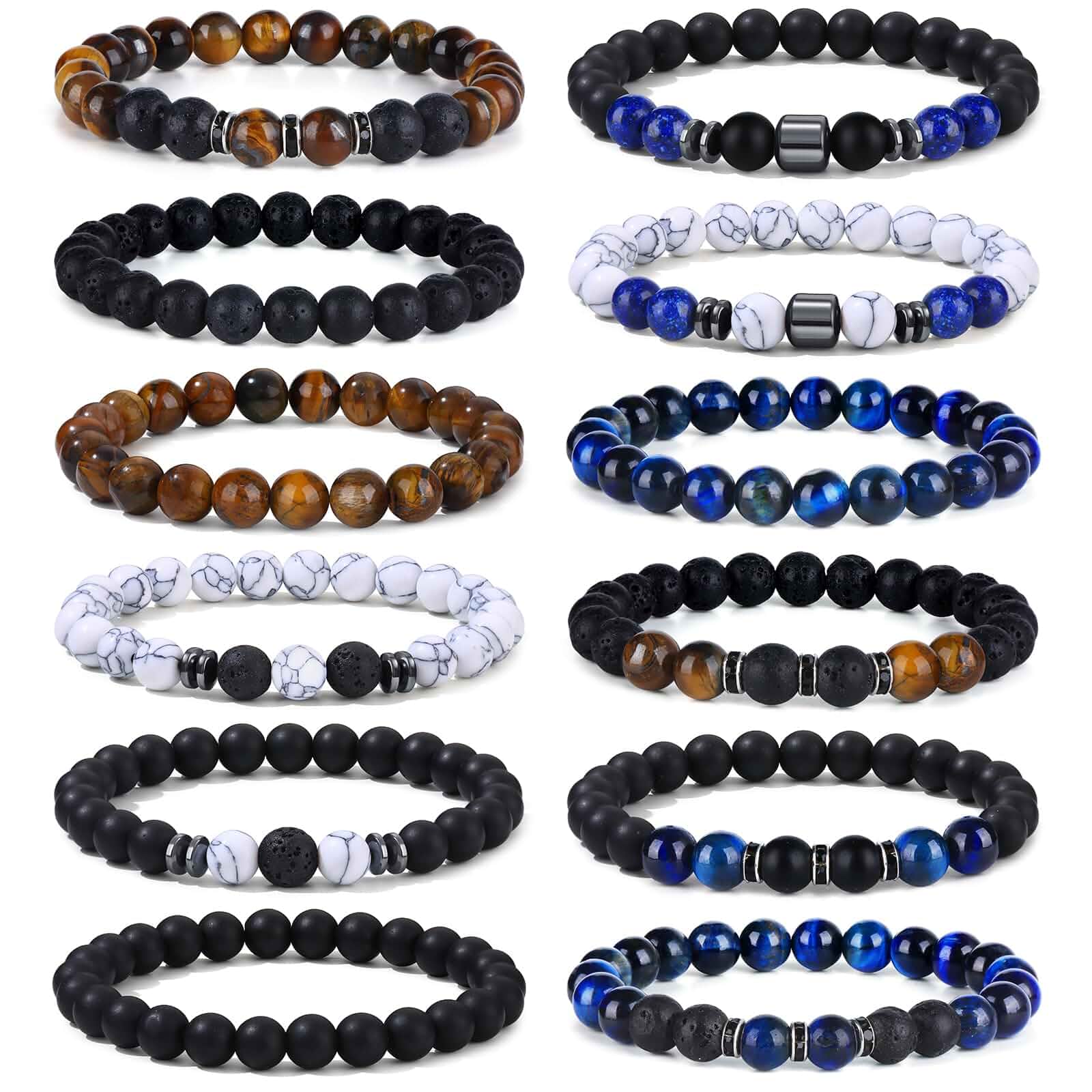 Giovanchi 4-12PCS Bracelets for Men, 8MM Mens Bracelets Lava Rock Black Obsidian Howlite Tiger Eye Beaded Natural Stone Bracelet Jewelry Gifts for Birthday Christmas