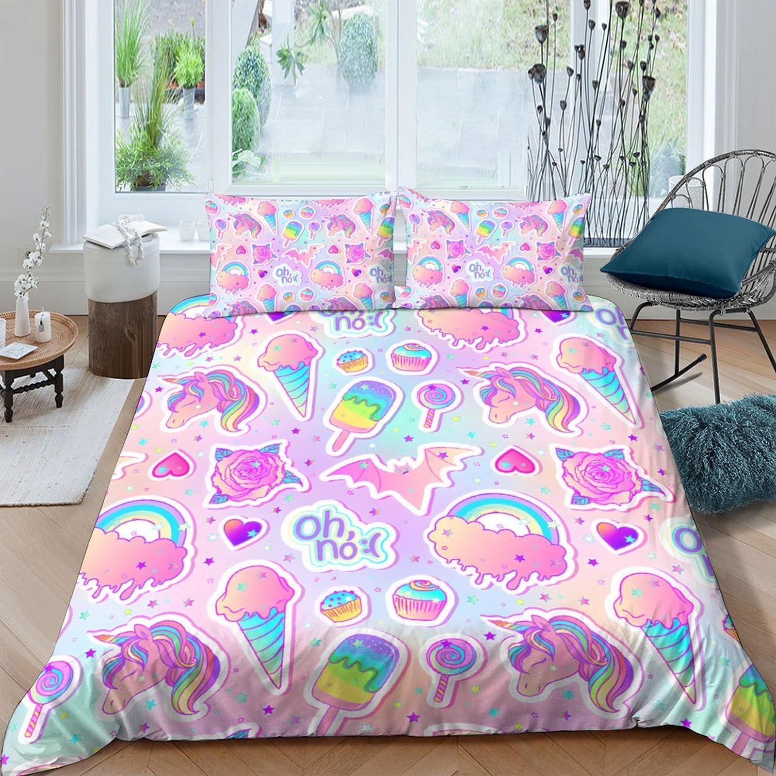 Ctjqhvkz Style-2 3D Printed Rainbow Unicorn Fitted Sheet Microfiber Pastel Ice Cream Bed Cover Non-Slip Bedroom Decor Single（135X200cm）