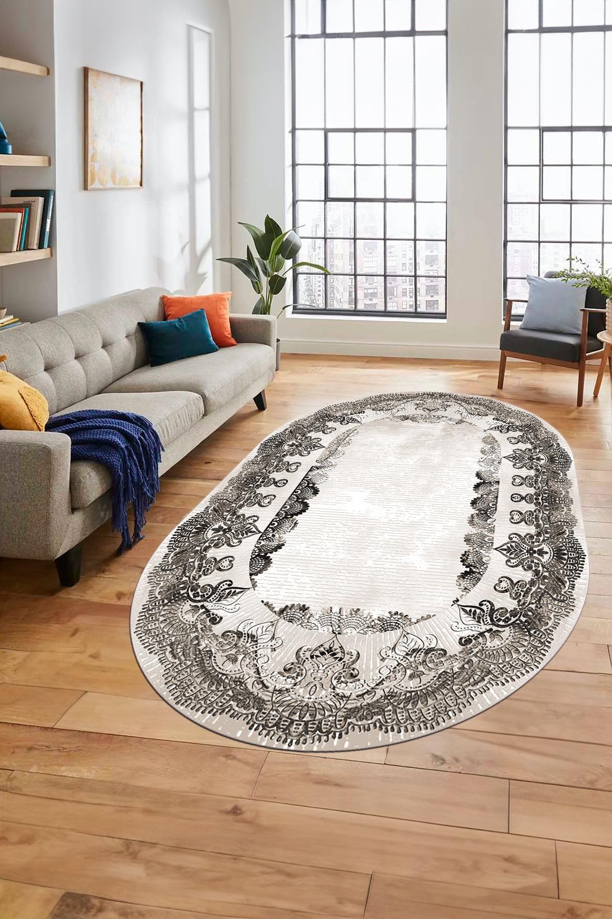 Evdeya Baskılı Kaymaz Yıkanabilir Renkli Klasik Desen Oval Yolluk Salon Halısı O-KLASİK-08, Vizon, 40 x 60