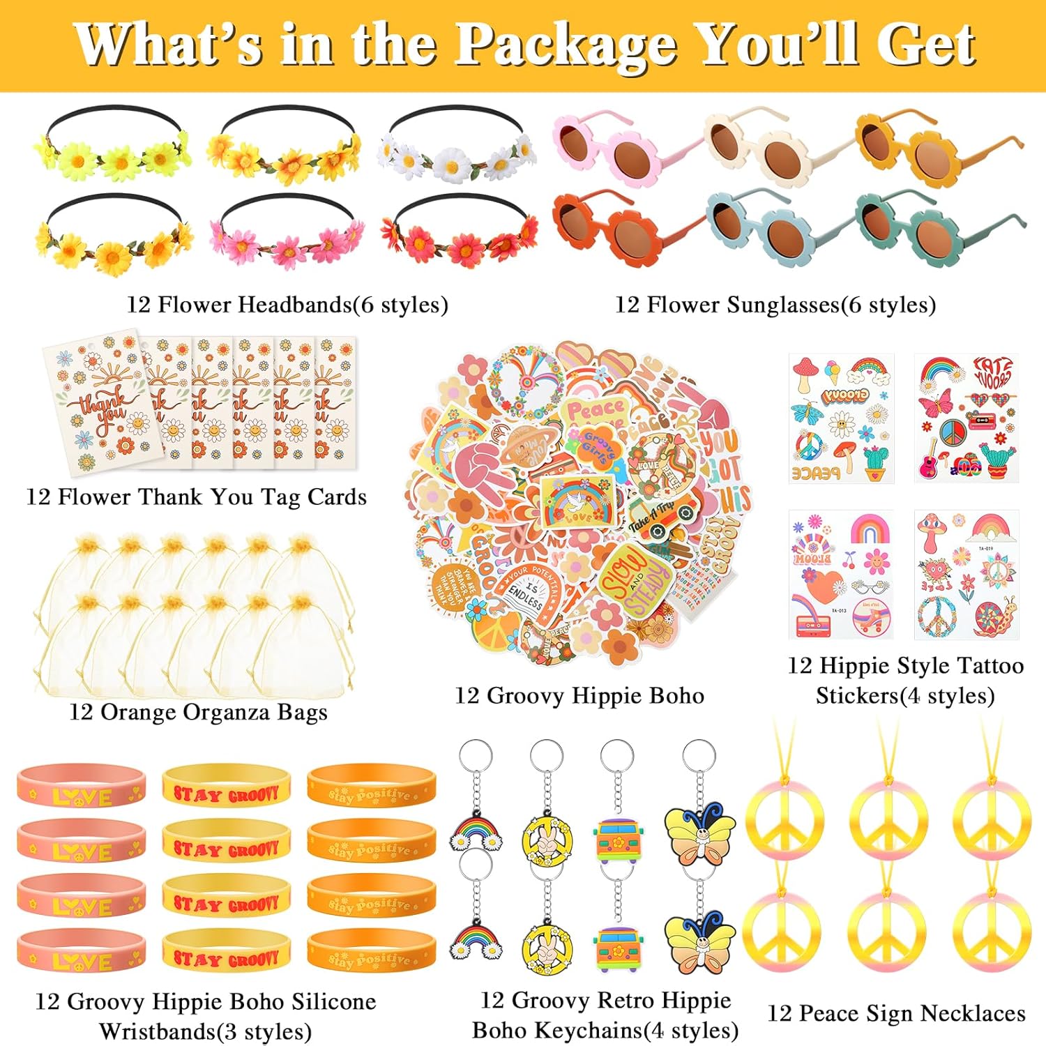 Tenceur 146 Pcs Groovy Party Favors Include Hippie Bracelet Keychain Boho Tattoo Sticker Daisy Headband Peace Necklace Sunglasses Sticker Gifts Bag Thank You Tags for Retro Groovy Birthday Party