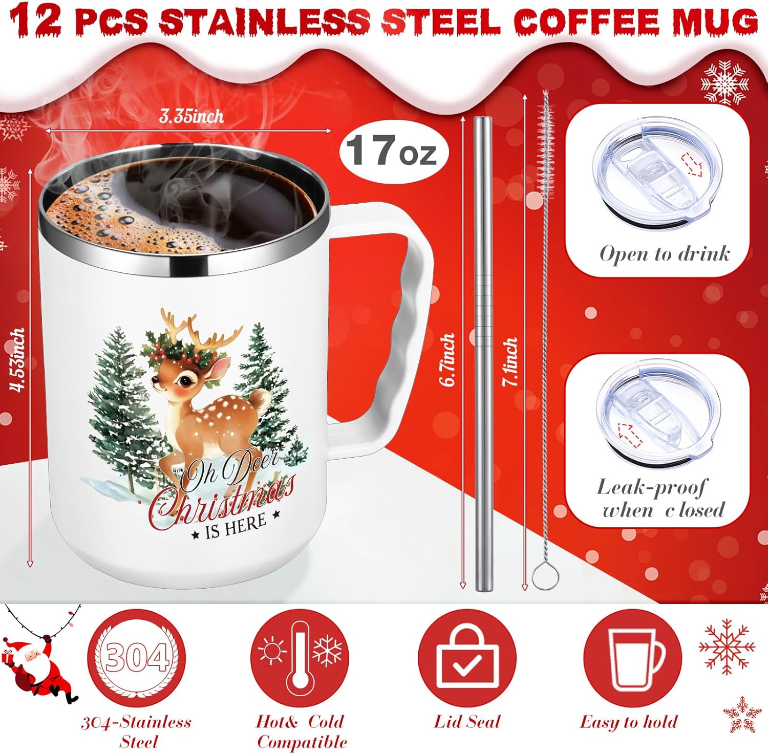 Umigy 12 Pcs Christmas Coffee Mug Employee Appreciation Gift Bulk Christmas 17oz Tumbler with Handle Vacuum Stainless Steel Insulated Xmas Cup for Coworker Nurse Teacher(White,Nostalgic Style)
