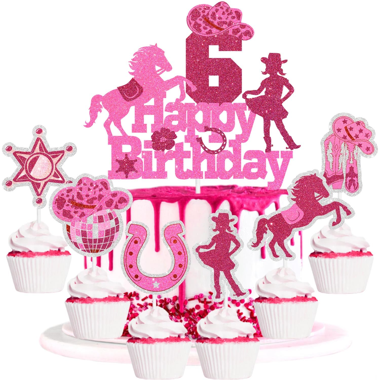 Cowboy 6th Happy Birthday Cake Topper 7-PC Set - This is a great Cowboy Theme Birthday Party, Baby Shower Party, or Wild West Theme Party Decoration