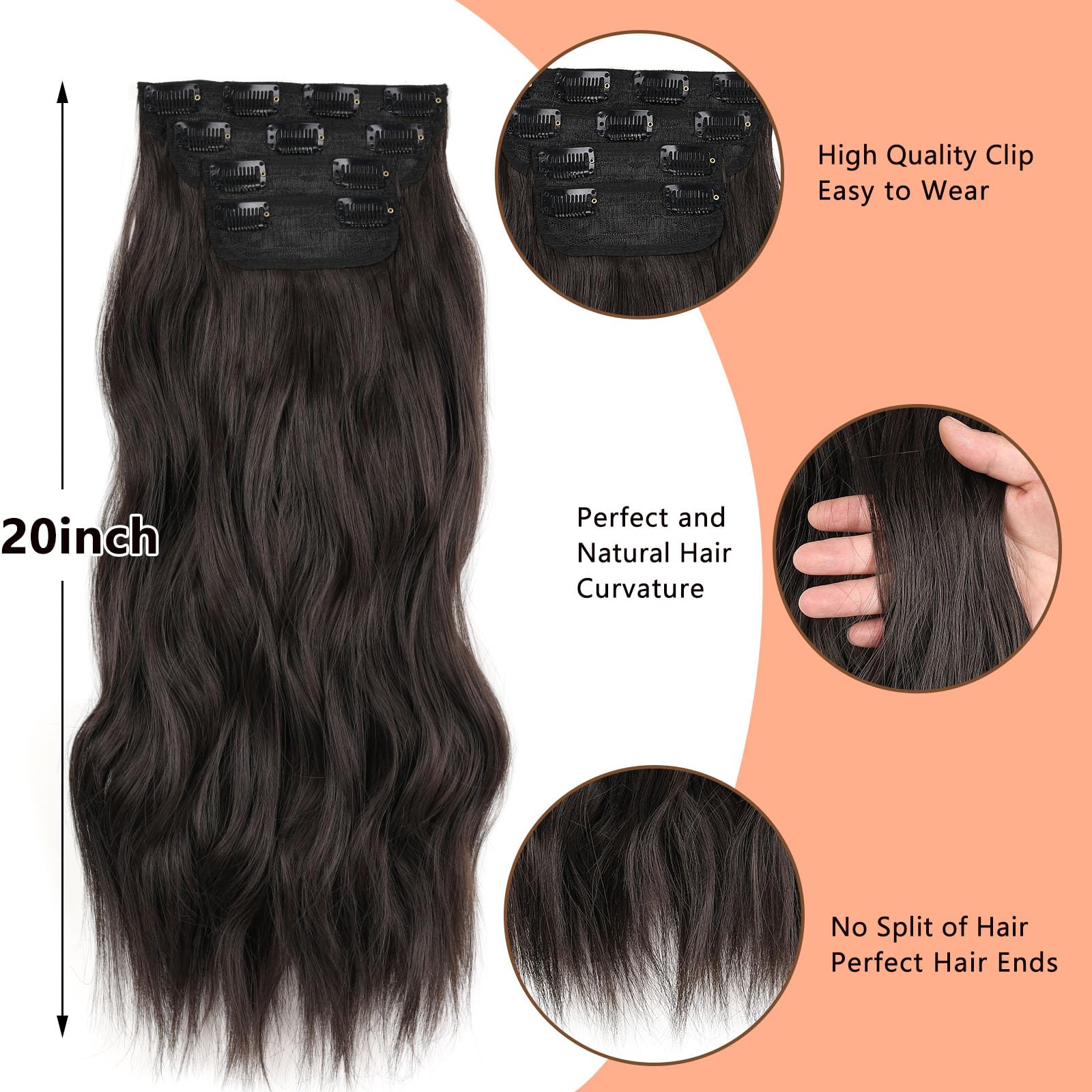 Mscat 20 Inch Wavy Clip-in Hair Extensions - Dark Brown Synthetic Hair Pieces, 4PCS Full Head Set, Thick Curly - Image 3