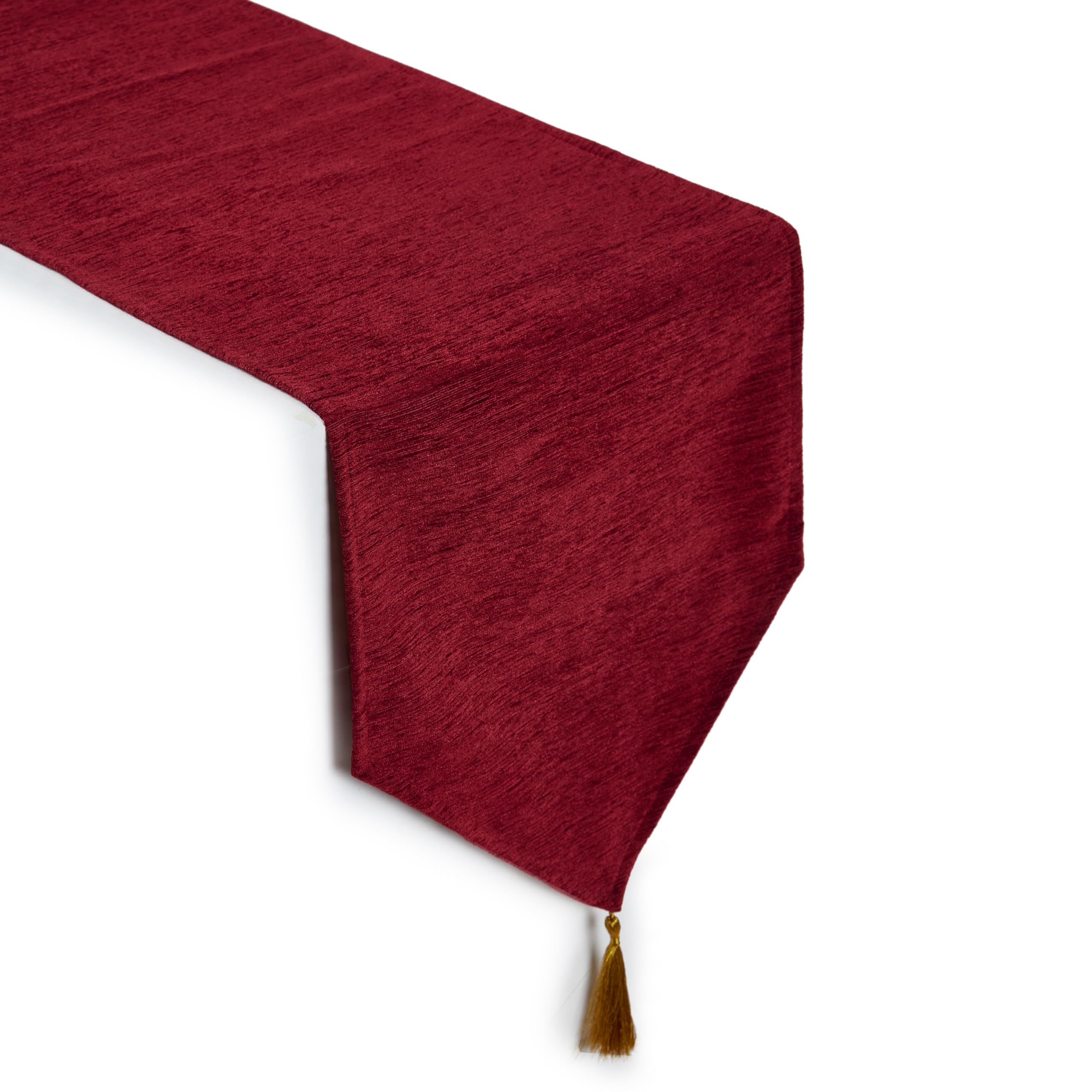 Encasa XO Fine Chenille Table Runner For Dining with V-End and Tassels, 32x150 cm - Red, 59.1 x 12.6 inch (Rectangle)