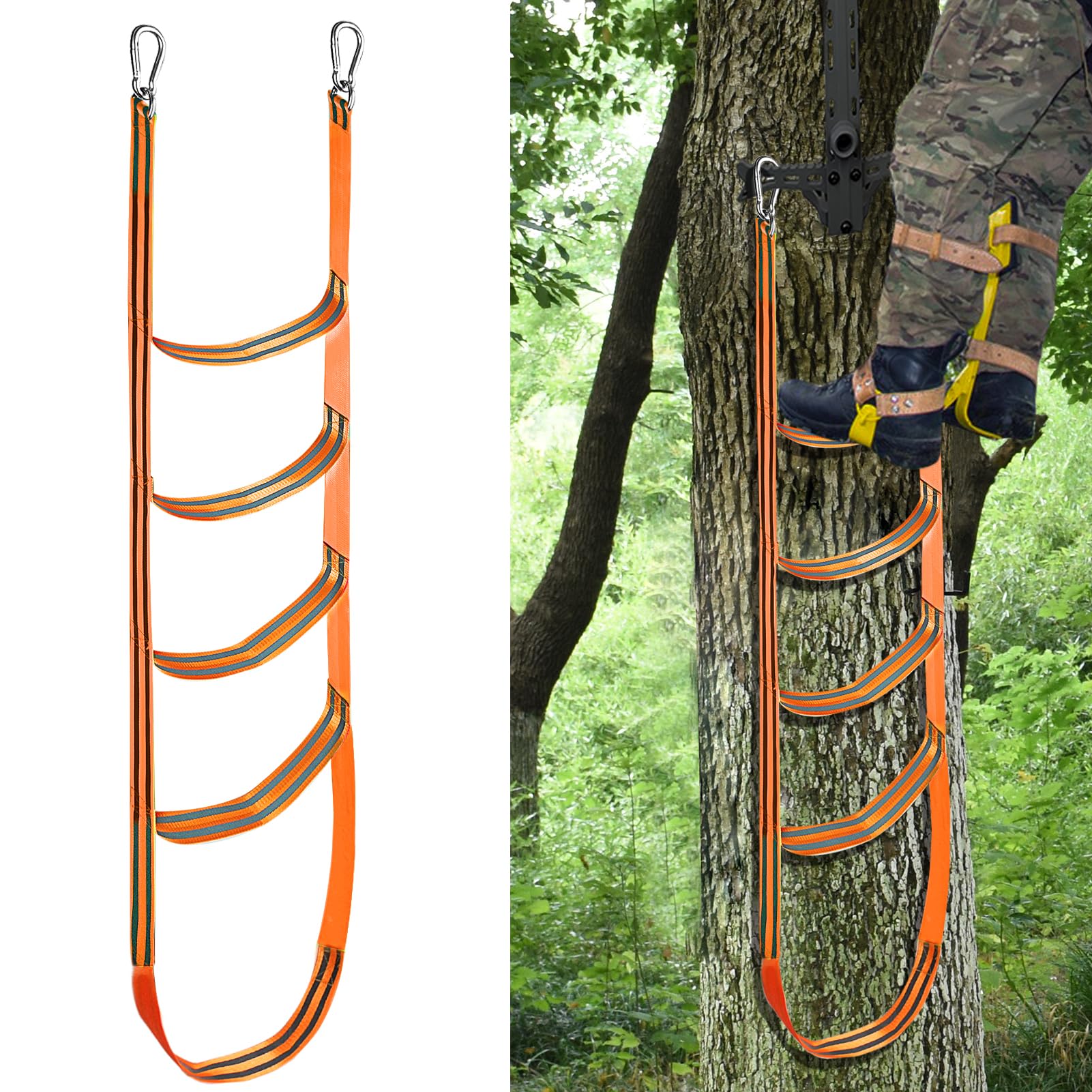 Hunting Climbing Aider Ladder for Climbing Stick, 5 Step Rope Aider Step Easy-to-use Lightweight Hunting Webbing Ladder for Hunting Safety, Outdoor Climbing (Orange)