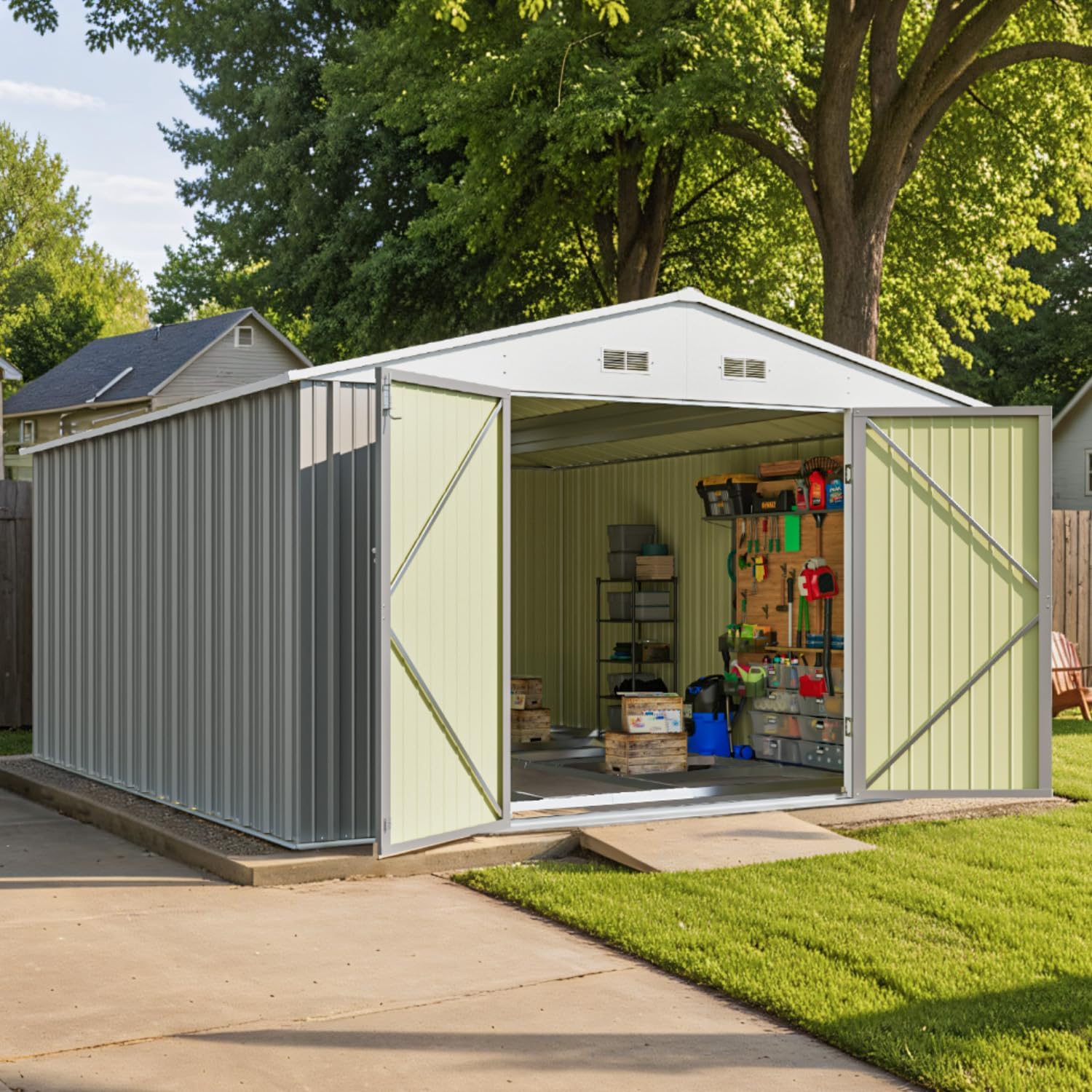 10 x 12 FT Metal Storage Shed for Outdoor with Floor Frame, Steel Yard Shed with Design of Lockable Doors, Utility and Tool Storage for Garden, Backyard, Patio, Outside use, Grey