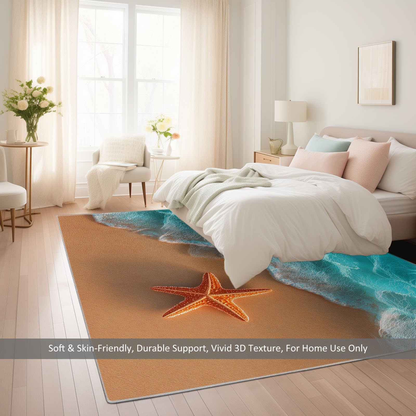 Alfombra de área de 100 x 160 cm, diseño de olas de playa y estrellas de mar, lavable, antideslizante, para fotografía de naturaleza, alfombra para dormitorio, sala de estar, alfombra de suelo de pelo