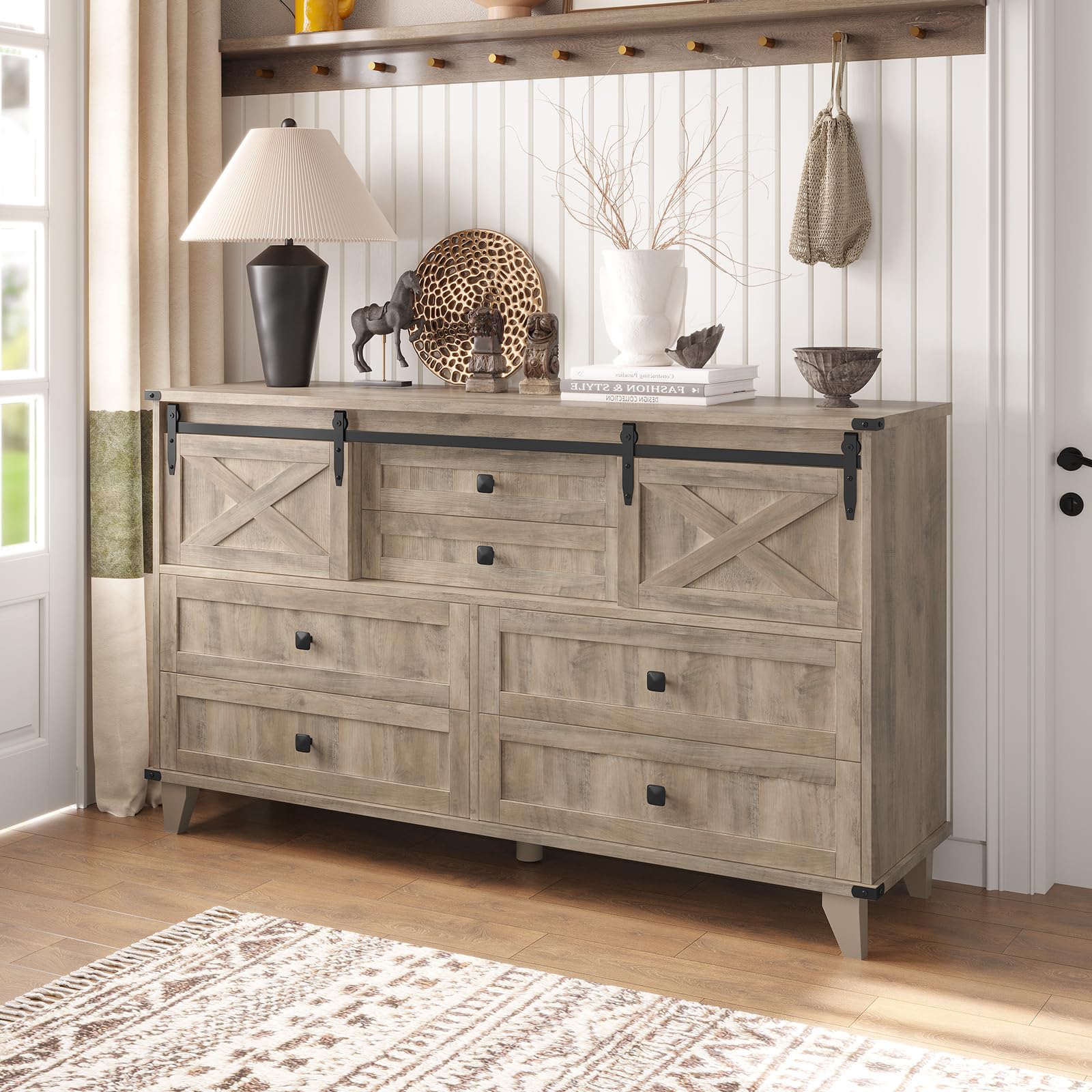 Amazon.com: Hasuit Farmhouse 6 Drawer Dresser for Bedroom, Retro Chest of  Drawers with Sliding Barn Door, Bedroom Long Storage Dressers Organizer,  Rustic Oak : Home & Kitchen