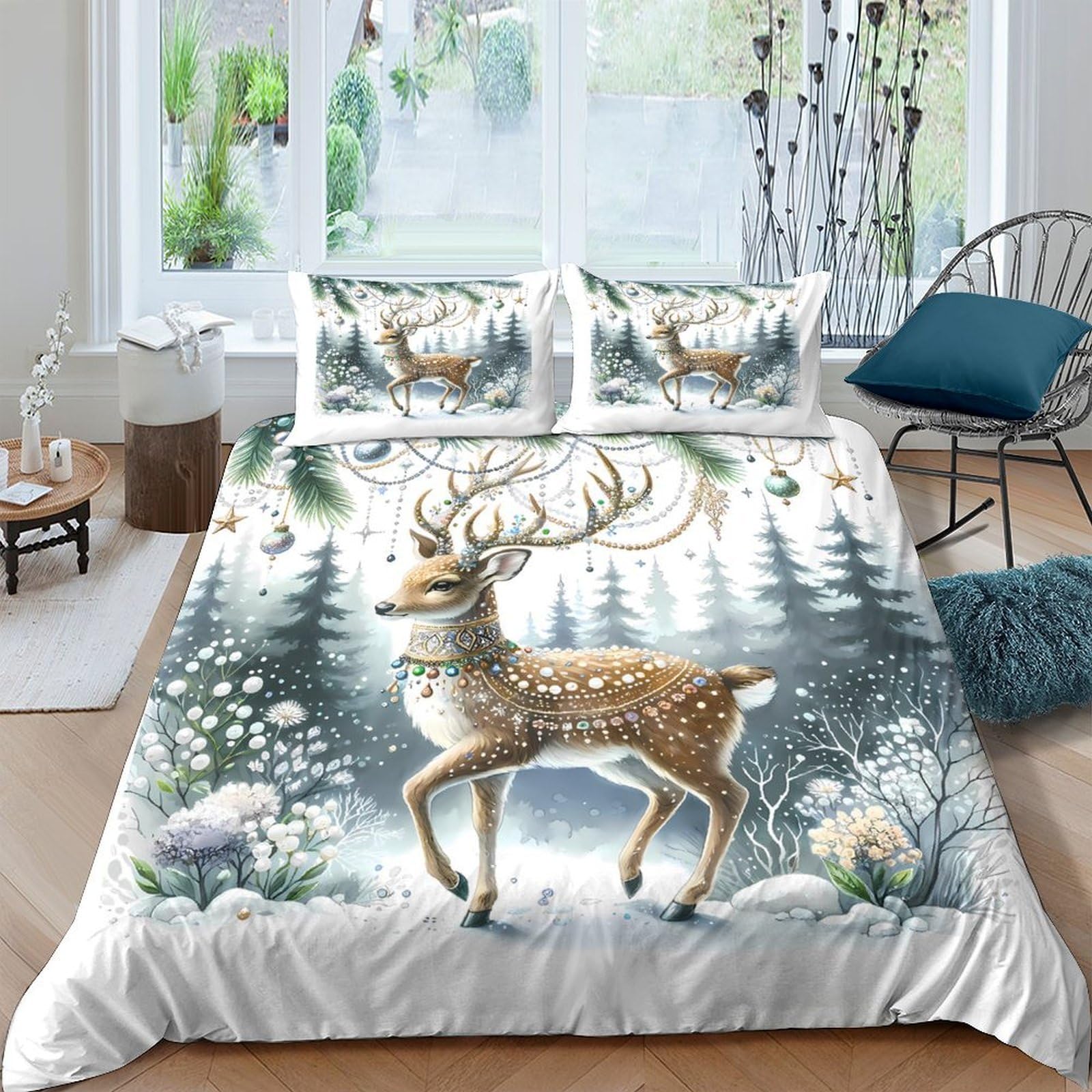 GPLZQXKJNH 3D Printed Winter Forest Deer Duvet Cover Microfiber Soft Breathable Nordic Elk Bedding Set with 2 Pillowcases for Bedroom Decor Single（135x200cm）