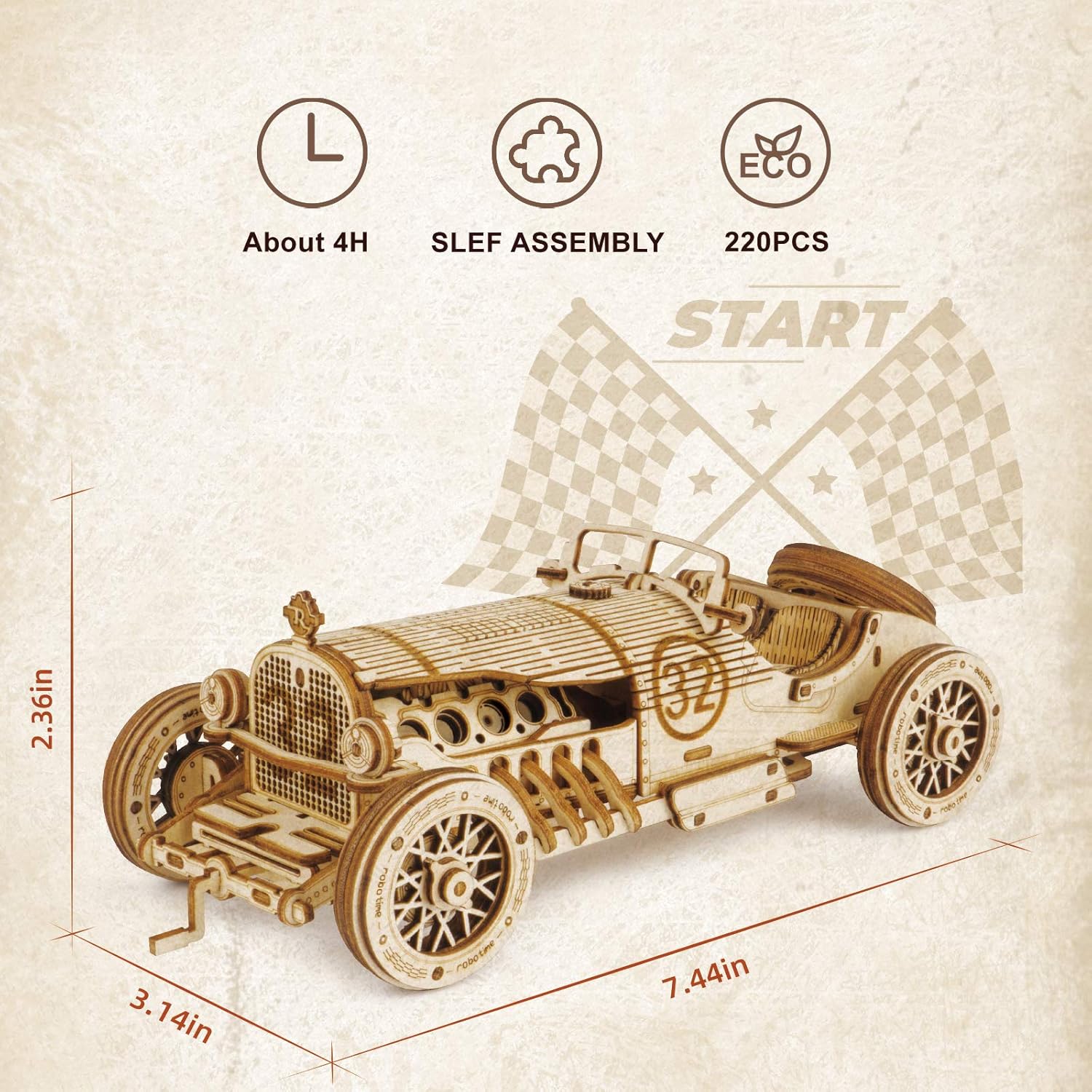 Diagram showing the dimensions of the assembled ROBOTIME Grand Prix Car MC401
