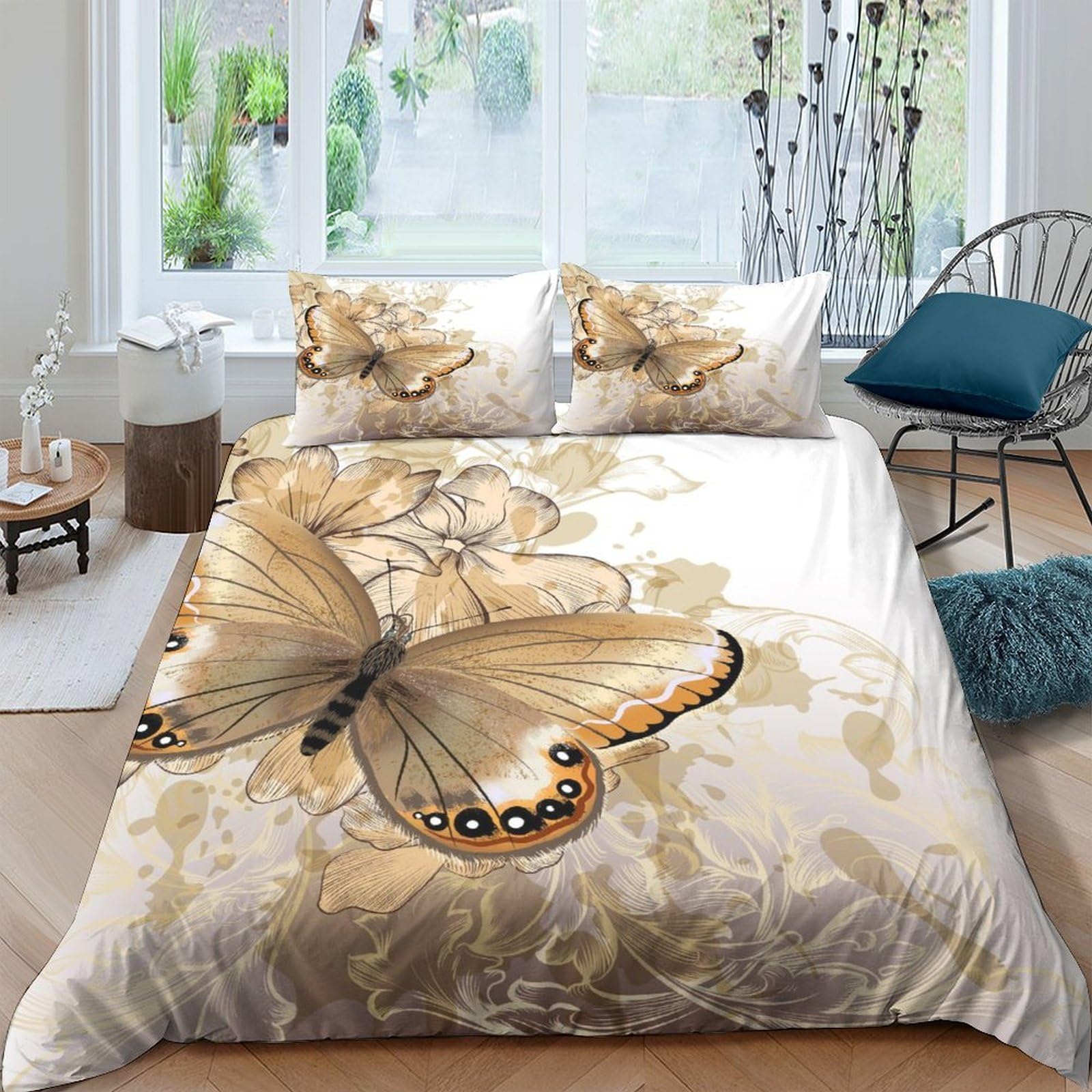 Ctjqhvkz Style-2 3D Printed Golden Butterfly Fitted Sheet Microfiber Soft Beige Artistic Mattress Cover For Bedroom Guest Room Decor Single（135X200cm）