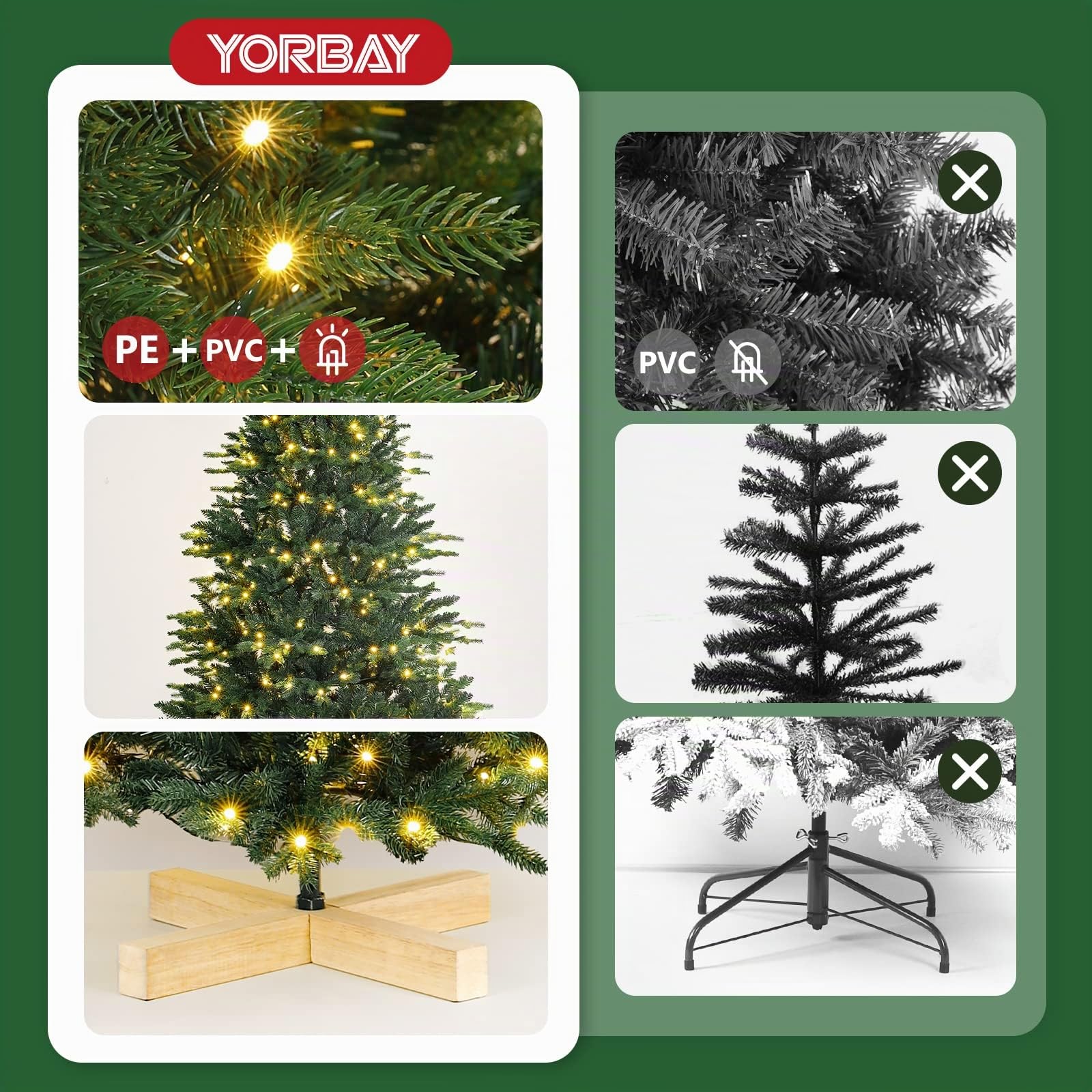 Yorbay Árbol de Navidad Artificial de Nordmann con iluminación LED de Abeto con Soporte de Madera para decoración navideña, de PE y PVC, Reutilizable (180 cm)