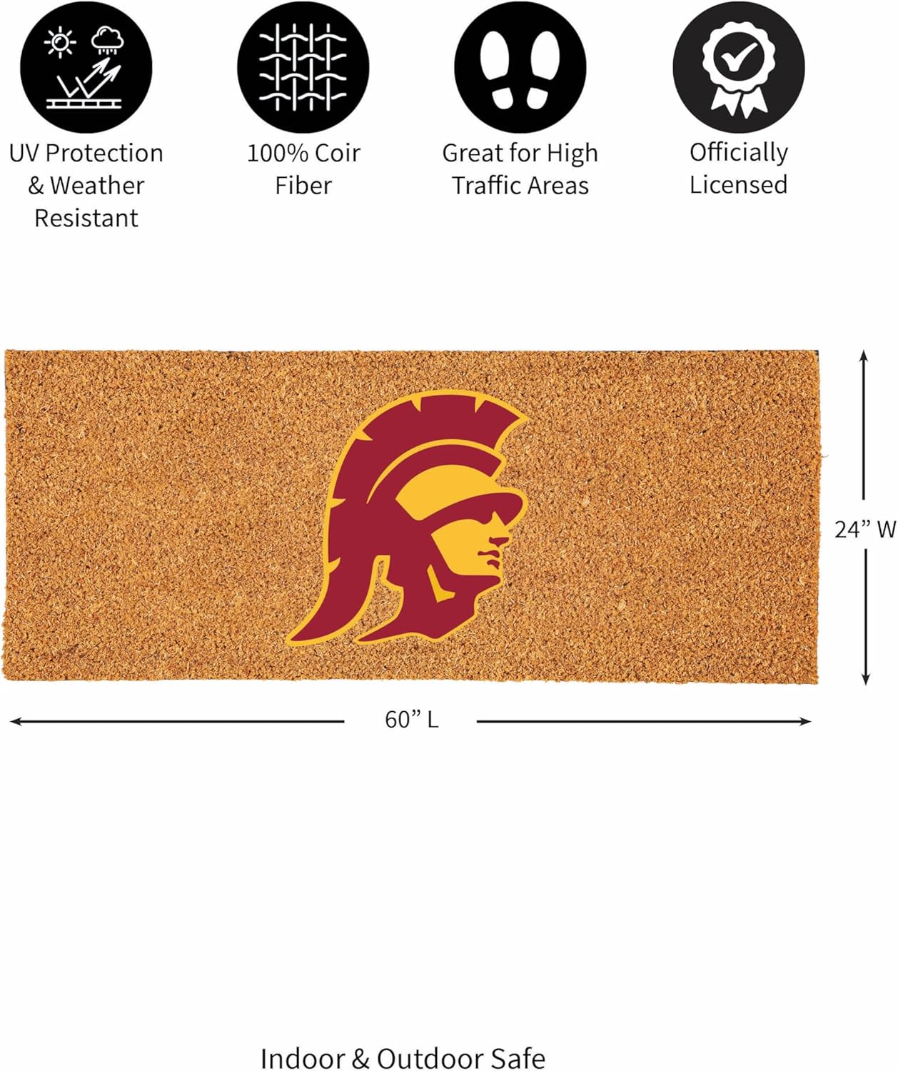 Team Sports America NCAA University of Southern California Coir Doormat 60"x24", Officially Licensed Team Logo, Extra Large Front Door Mat, Non-Slip Welcome Mat for Double Doors Porch Patio