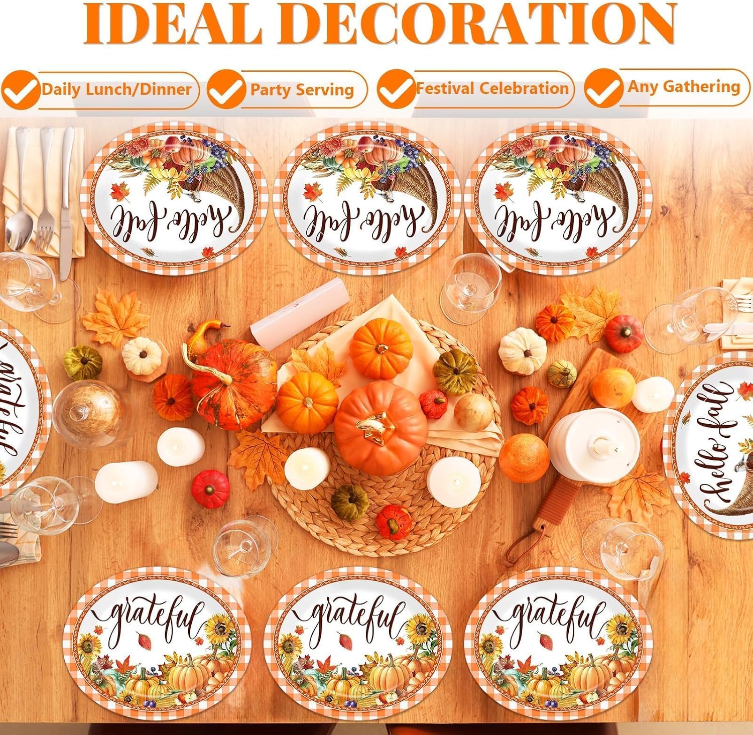 50 PCS Fall Paper Plates Thanksgiving Oval Paper Plates Pumpkin Orange Plaid Disposable Supplies Harvest Rustic Farmhouse Tableware Autumn Oval Dinnerware Set for Dinner Kitchen Party Decorations