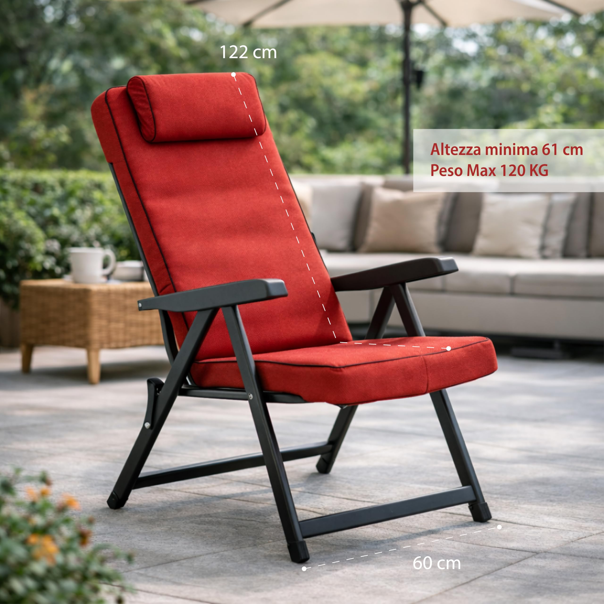 MA MAISON Sedia Reclinabile Imbottita 122x60x61 cm - con Poggiatesta, 6 Posizioni, Braccioli Ergonomici, Struttura in Acciaio, per Interno, Esterno - Made in Italy ROSSO