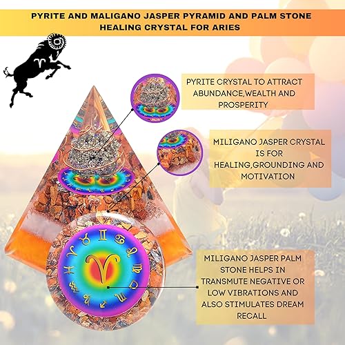 Miniatura 5 de Juego de pirámide de orgón y piedra de palmera, cristal curativo Aries signo del zodiaco hecho de pirita y jaspe maligano para fuerza interior,