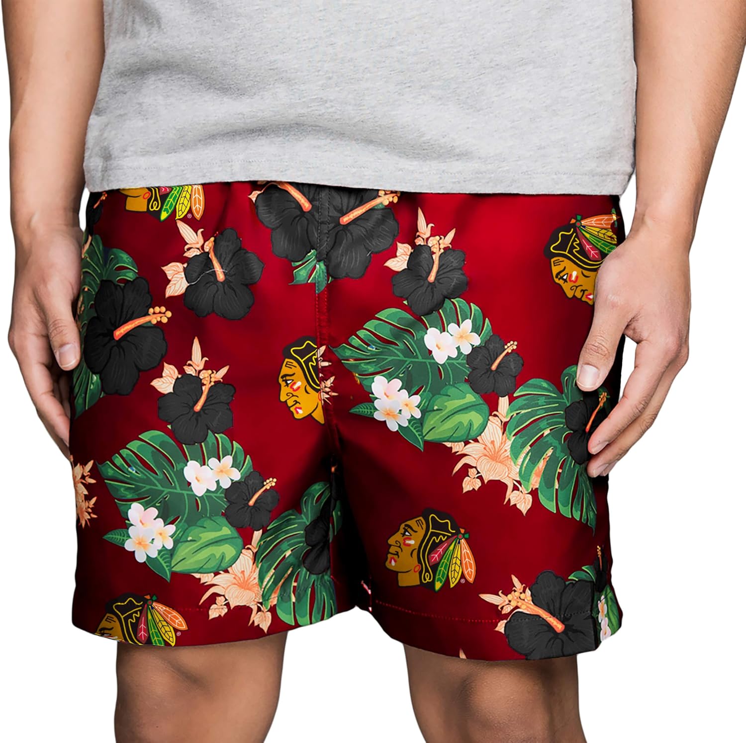 FOCO Men's Team Logo Floral Hawaiian Swim Suit Trunks