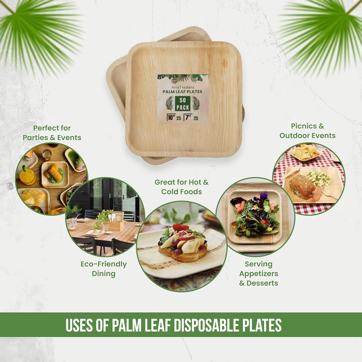Palm Leaf Plates 10 Inch & 7 Inch (50-Pack), Square Bamboo Plates Disposable, Eco-Friendly, Biodegradable & Compostable Bamboo Appetizer Plates, Perfect Dinnerware for Desserts, Snacks, & Parties - Image 6