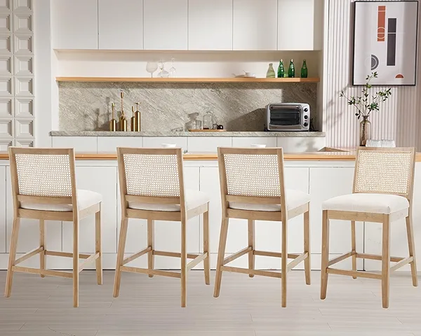 RIVOVA 26.5" Rattan Bar Stools Set of 4 Modern Linen Fabric Upholstered Counter Height Bar Stools, Kitchen Island Barstools with Rattan Back, Natural Finish Wood Legs Bar Chairs, Beige