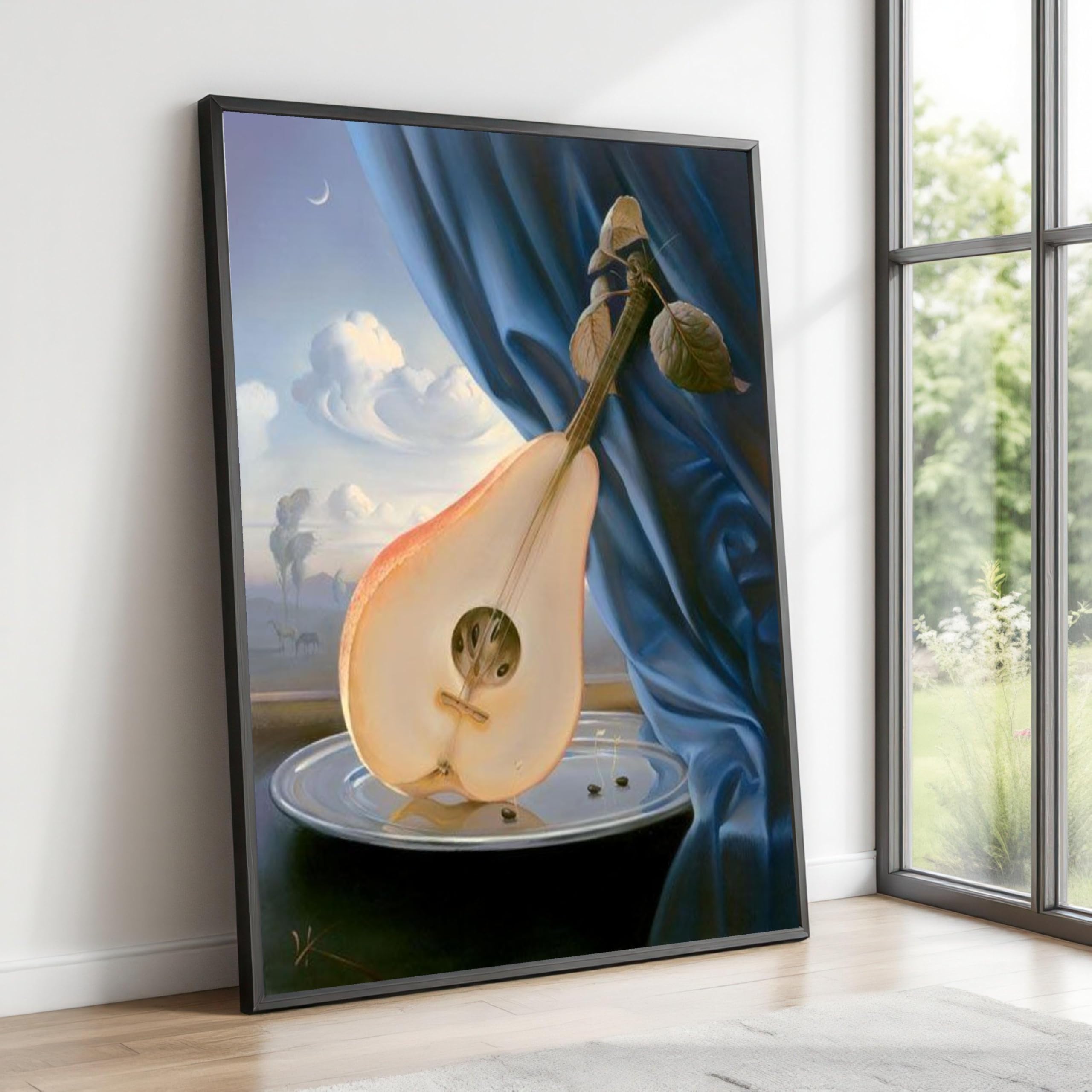 XINBAO Surrealistyczne płótno z gitarą i gruszką, sztuka ścienna, martwa natura, nowoczesny surrealistyczny obraz na płótnie, dekoracja domu (80 x 110 cm/rama wewnętrzna)