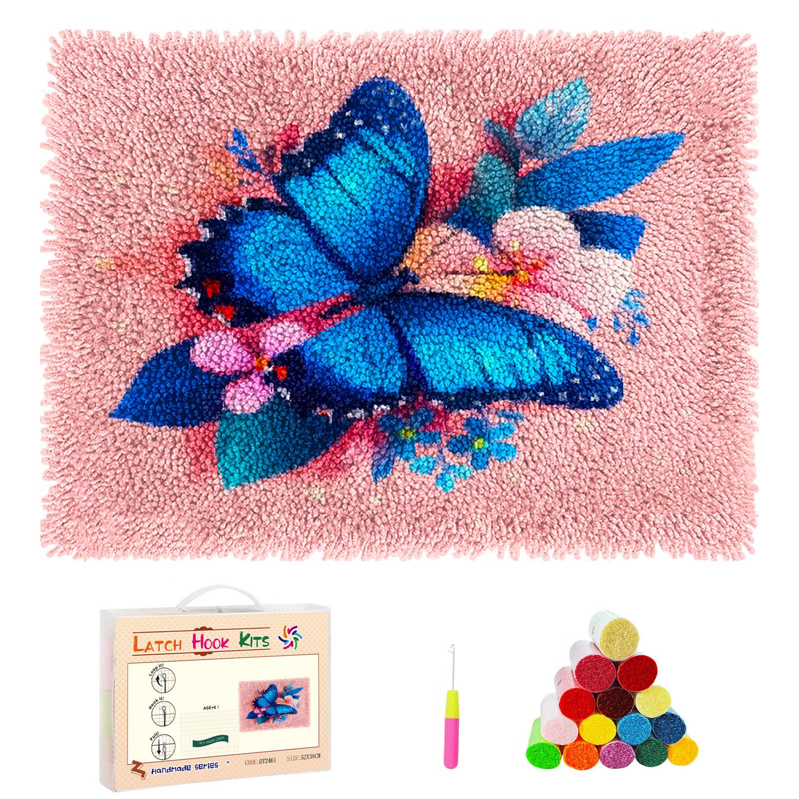 DIY Latch Hook Rug Kits Cartoon Butterfly and Flower Stamped Non-Slip Mat Crocheting Yarn Hook and Latch Emboridery Tapestry for Home Floor Decor and