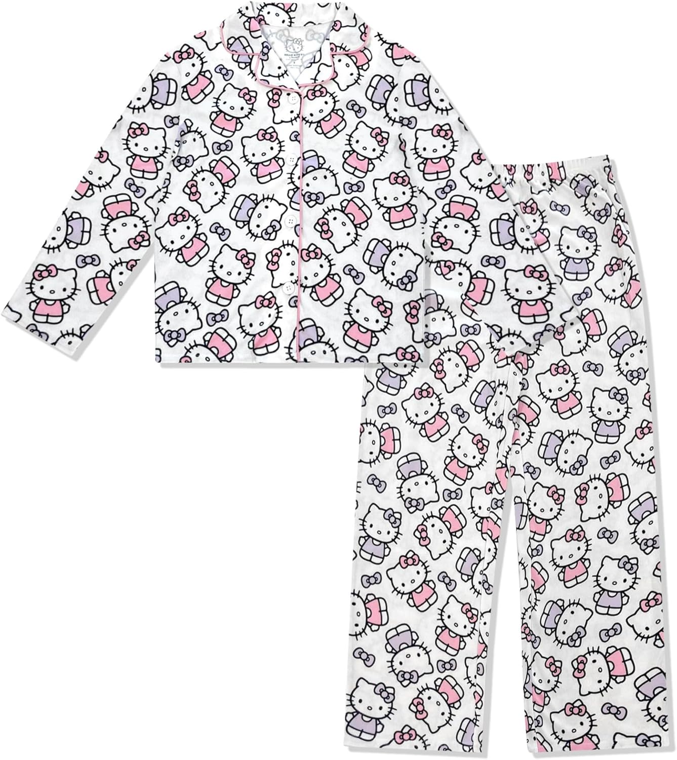 Hello Kitty Girls Pajama Set - 2 Piece Cozy Girls Pjs Button Down Long Sleeve & Pants For Kids - Official Product