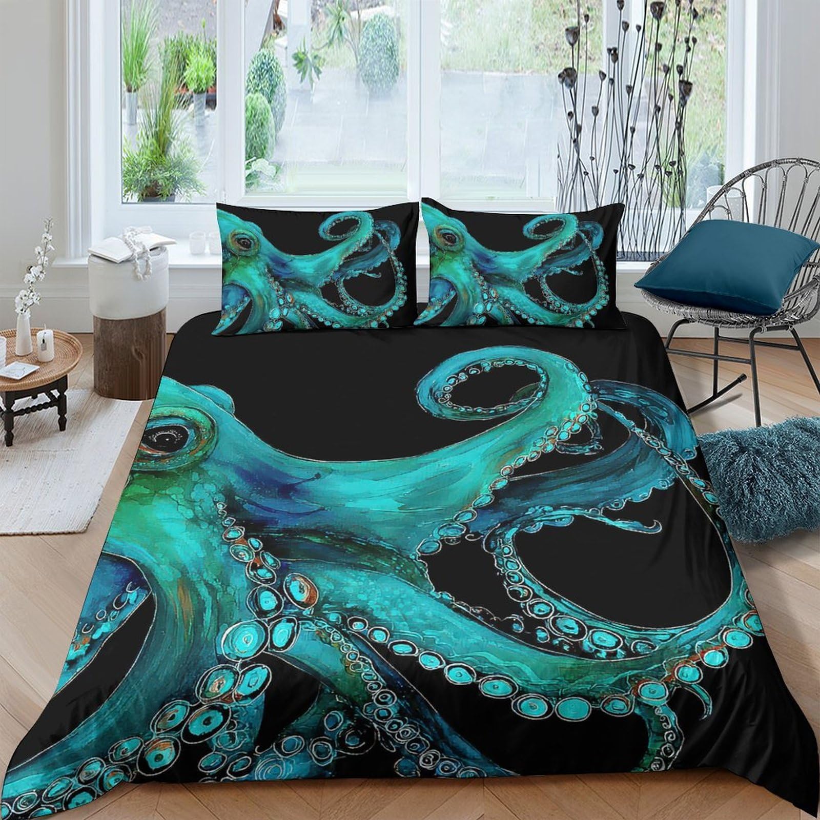 Ctjqhvkz Style-10 3D Printed Ocean Octopus Fitted Sheet Microfiber Anti-Slip Deep Blue Sea Bed Cover For Bedroom Dorm Room Decor Single（135X200cm）