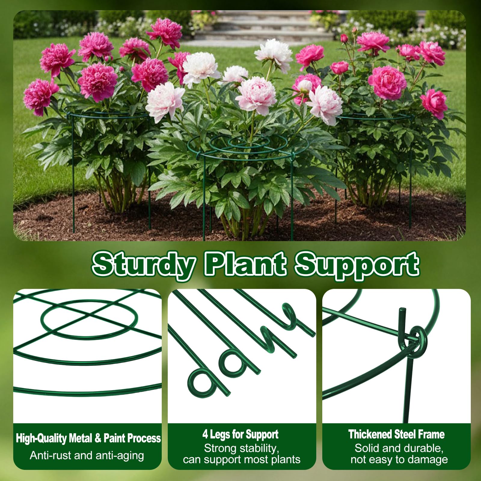 Lot de 10 cages et supports de pivoine en métal avec 20 attaches torsadées pour plantes d'intérieur et d'extérieur, kit de support de plantes pour pivoine, rose, tomate, hortensia
