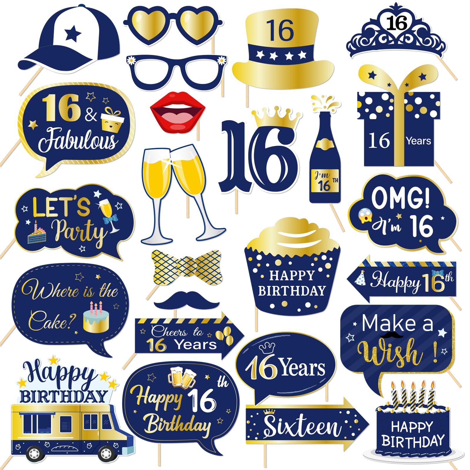 16th Birthday Photo Booth Props, 25Pcs Cheers to 16 Years Selfie Props Favors Supplies, Teenager Boys 16th Birthday Party Decorations