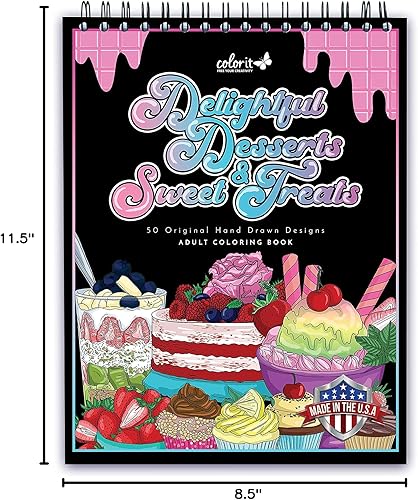 Miniatura 8 de ColorIt Delightful Postres and Sweet Treats - Libro para colorear para adultos, 50 diseños de una cara, papel liso grueso, tapa dura plana,