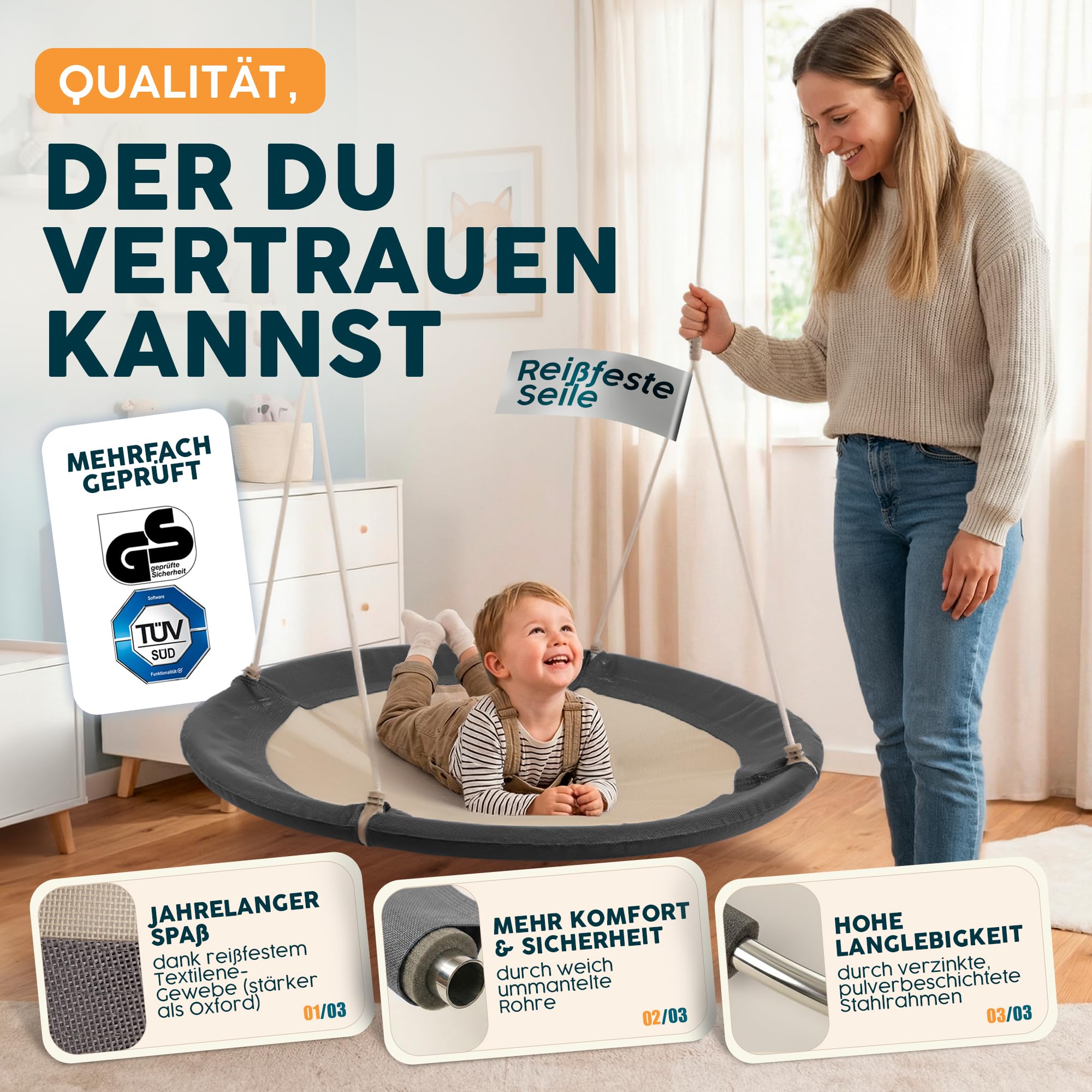 Nestschaukel Outdoor - [inkl. Abdeckhaube] - TÜV/GS geprüft - Höhenverstellbare Schaukel Outdoor und Indoor für Kinder und Erwachsene - bis 150 kg - Netzschaukel oder Korbschaukel