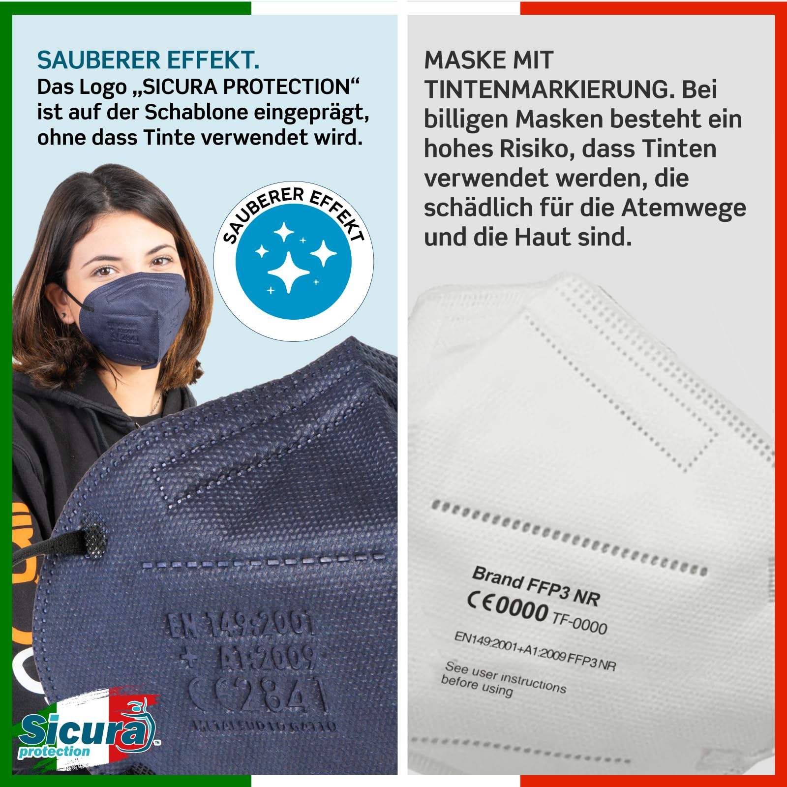 25x CE-zertifizierte FFP3 Masken Blau mit Schwarzen Gummibänder Made in Italy mit aufgedrucktem SICURA-Logo PFE ≥99% BFE ≥99% SANIFIZIERT einzeln versiegelt