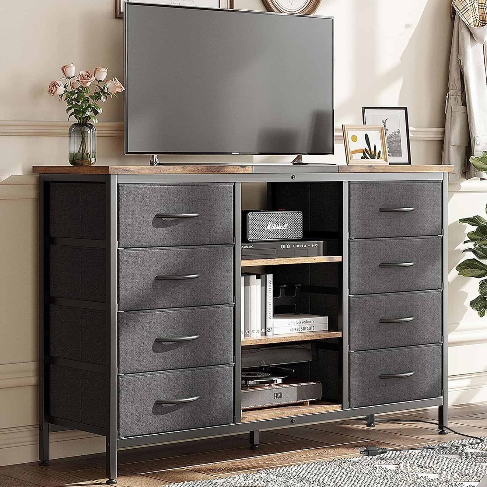 8 Drawer Dressers for Bedroom with Power Outlet, Wide Chest of Drawers TV Stand for 55 Inch TV, Dresser for Bedroom Furniture with Fabric Bins, Entertainment Center for Bedroom, Closet, Living Room