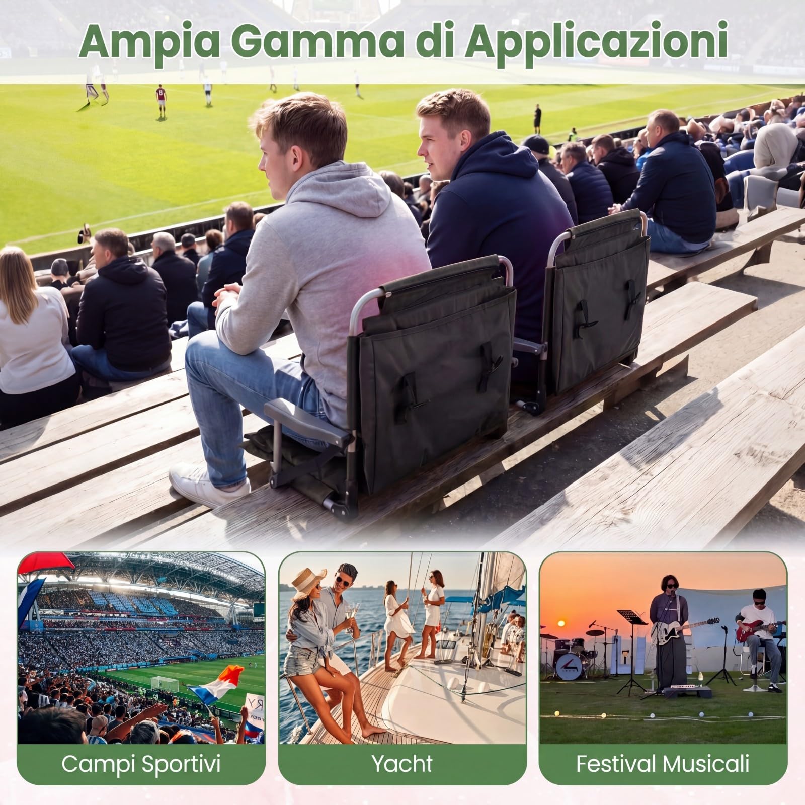COSTWAY Sedile da Tribuna Pieghevole con Schienale e Braccioli | Struttura in Metallo, Sedia da Stadio Portatile con Tasche Portaoggetti e Portabicchieri per Eventi Sportivi, Portata 102 kg