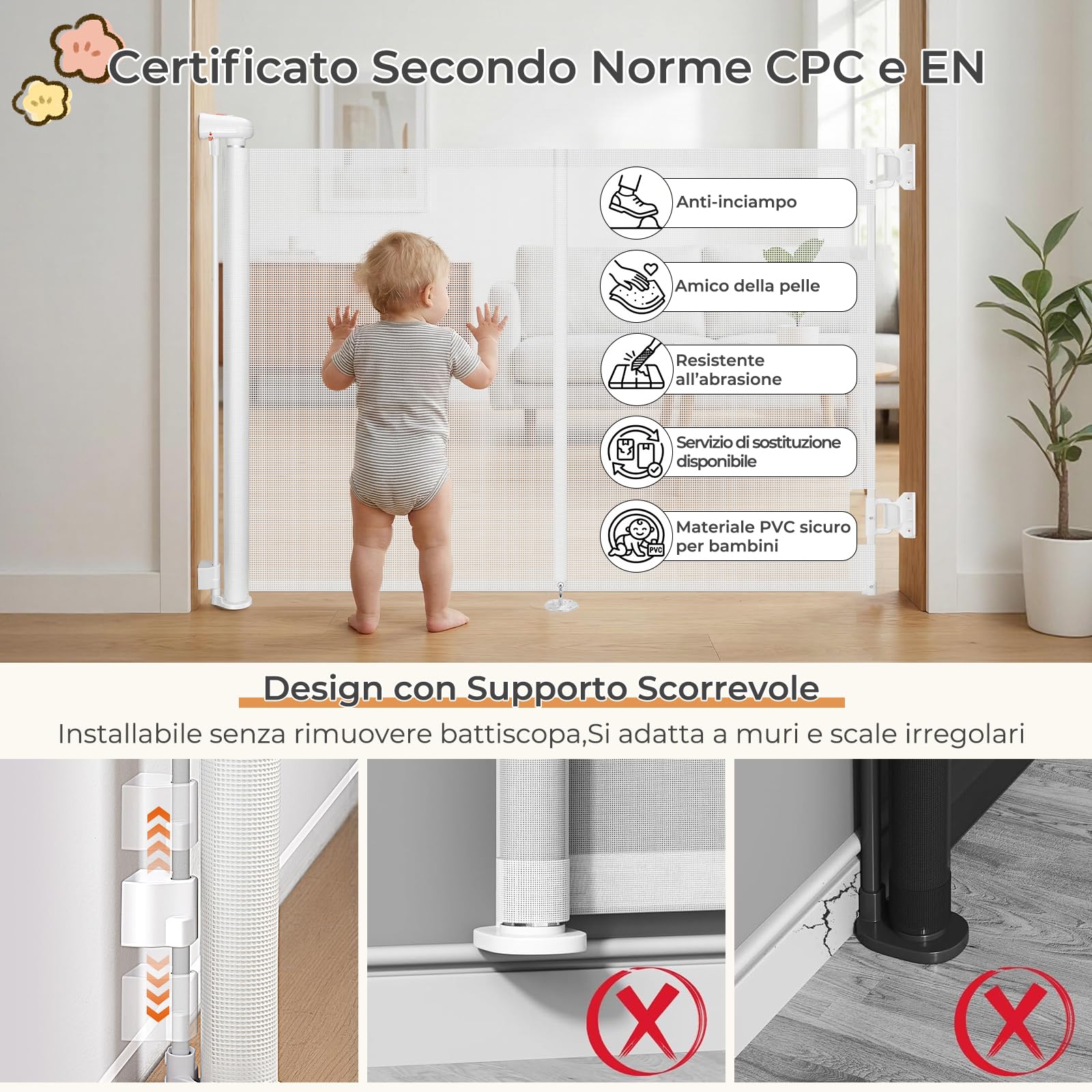 Ycozy Cancelletto per Bambini Scale Senza Foratura 0-200cm Cancelletto per Cani con Barra di Supporto，Retrattile Cancello Bambini Adatto per Scale Interni Esterni