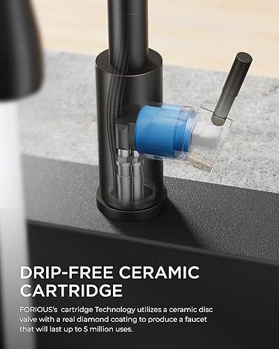 Miniatura 5 de FORIOUS ORB - Grifo de cocina con rociador extraíble, grifo de fregadero de cocina de arco alto de una sola manija con placa de cubierta, grifos de