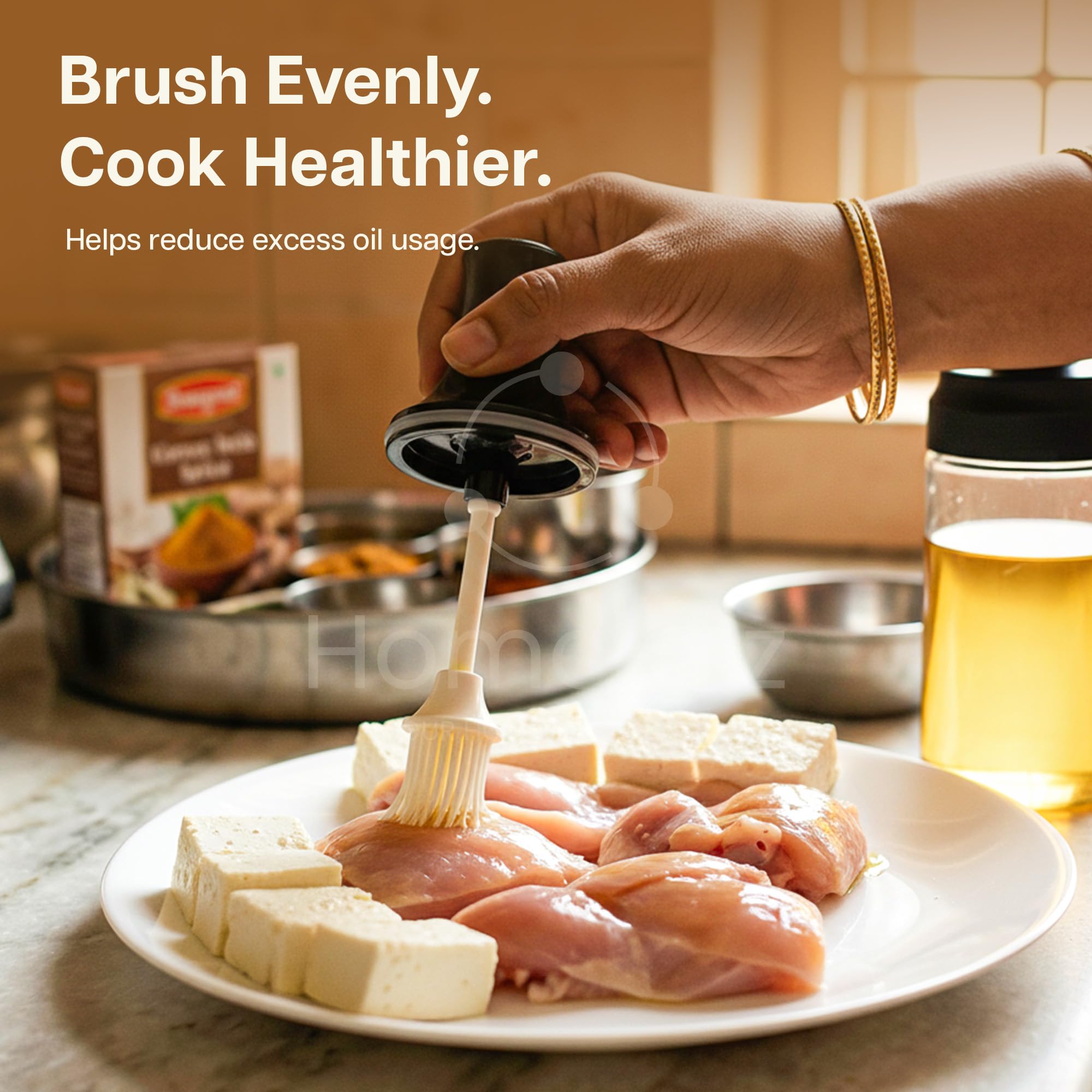 HomeWiz Oil Dispenser For Kitchen | Oil Bottle With Silicone Brush | 2-in-1 Food Grade Plastic Oil Bottle with Built-In Basting Brush for Baking, Grilling & Cooking, BPA-Free, Easy to Clean | 350ml 3