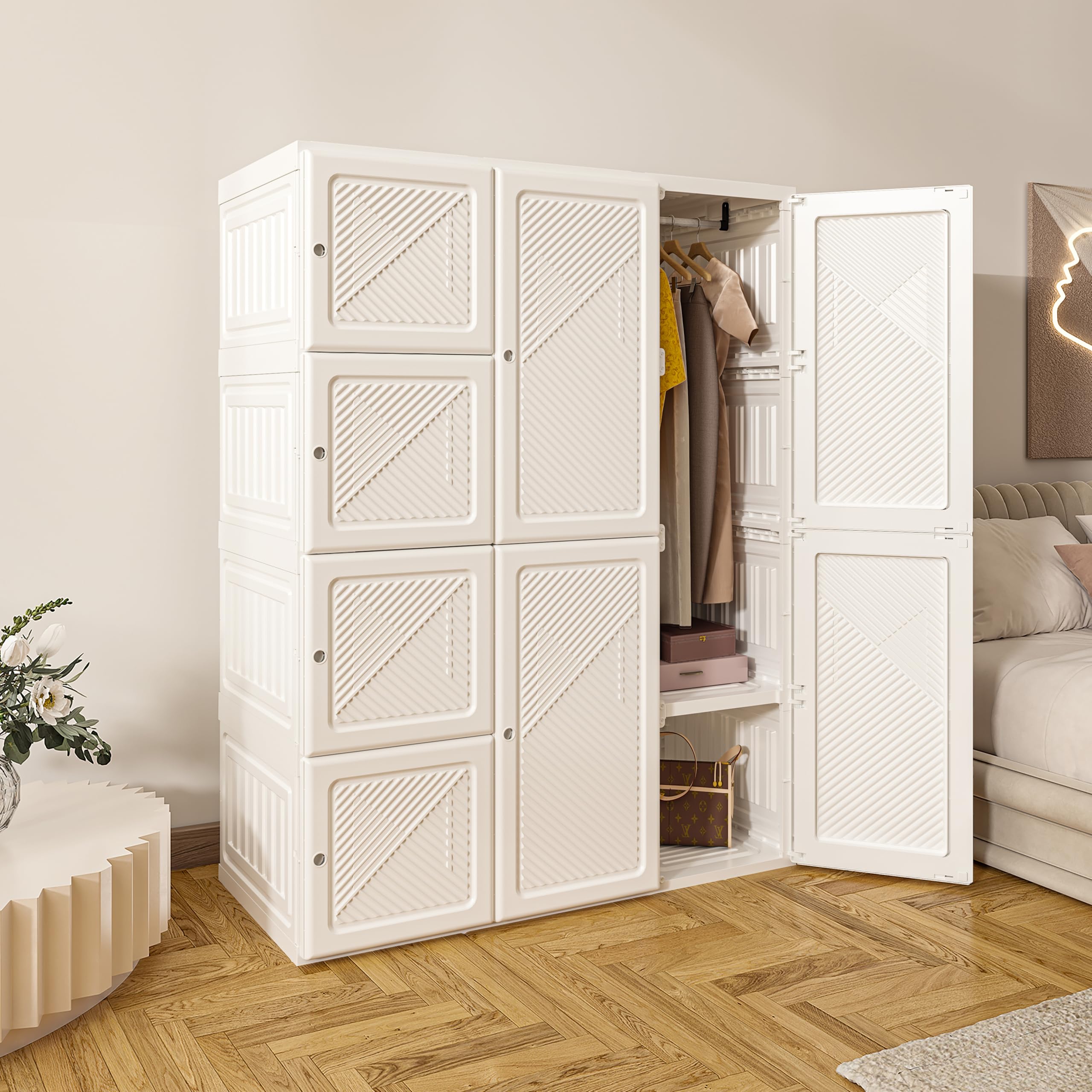 MAYIBOX Zusammenklappbarer Kleiderschrank,104x170x50cm, schnelle Montage, vielseitiger Schrank mit Kleiderstange und Magnettüren,Perfekt für Schlafzimmer und Wohnzimmer
