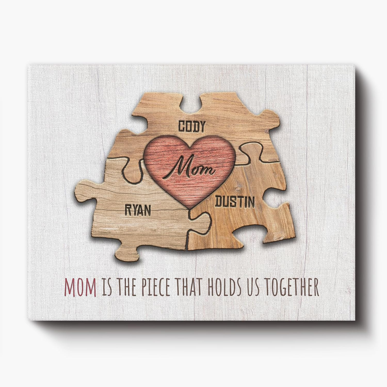 Personal-Prints MOM & Children Personalized HEART Puzzle Wall Art | Unique Customized with 1-8 Kid’s Names | Meaningful Mother’s Day, Birthday or Gift for Mom (11"x14" Stretched Canvas, 3 Children)