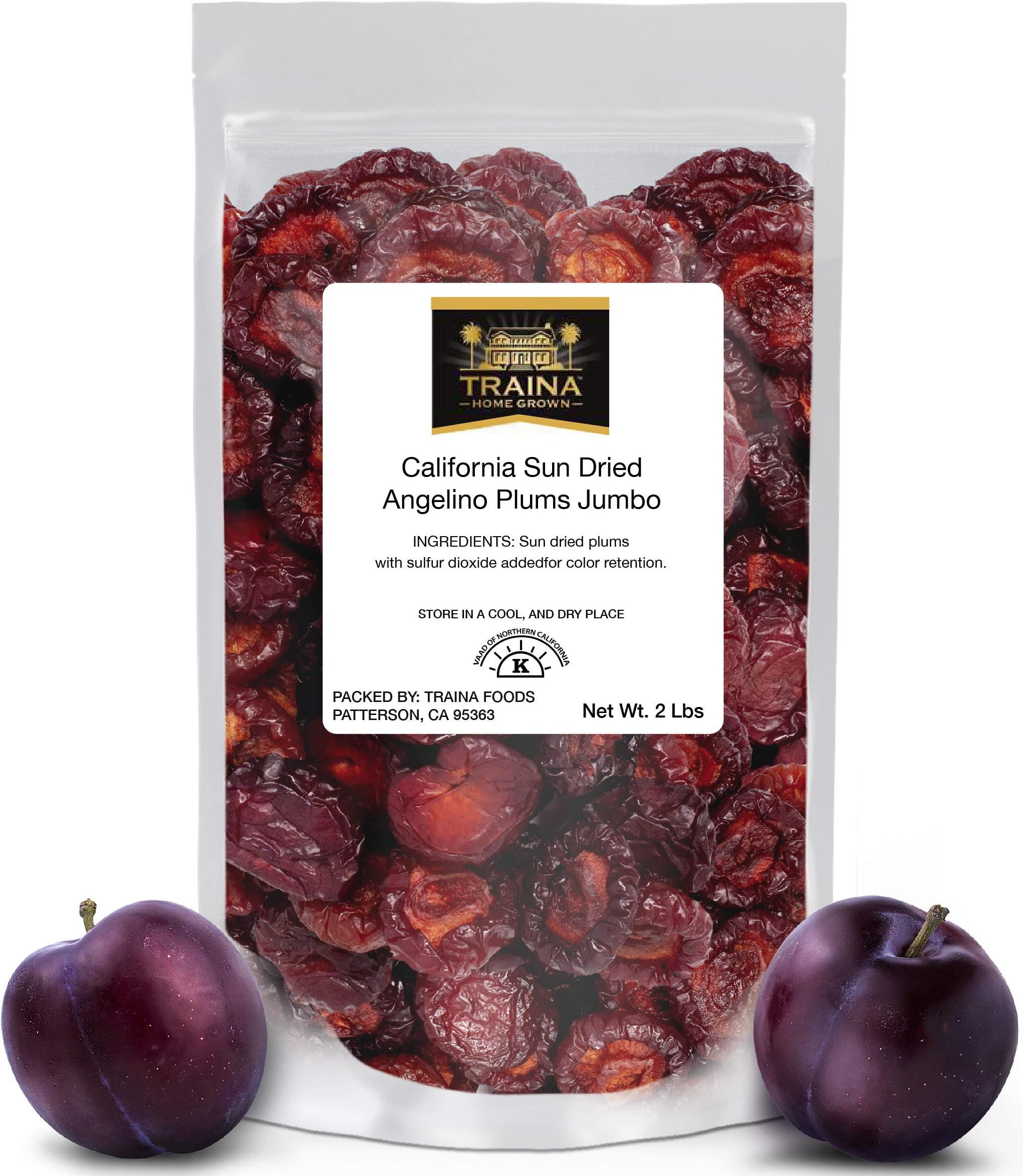 Traina Home Grown Jumbo California Sun Dried Angelino Plum Halves - Healthy, No Sugar Added, Chewy, Tangy, Deep Violet Color, Non GMO, Gluten Free, Kosher Certified, Vegan, Packed in Resealable Pouch (2 lbs)