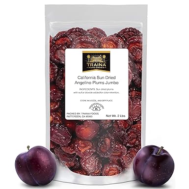 Traina Home Grown Jumbo California Sun Dried Angelino Plum Halves - Healthy, No Sugar Added, Chewy, Tangy, Deep Violet Color, Non GMO, Gluten Free, Kosher Certified, Vegan, Packed in Resealable Pouch (2 lbs)
