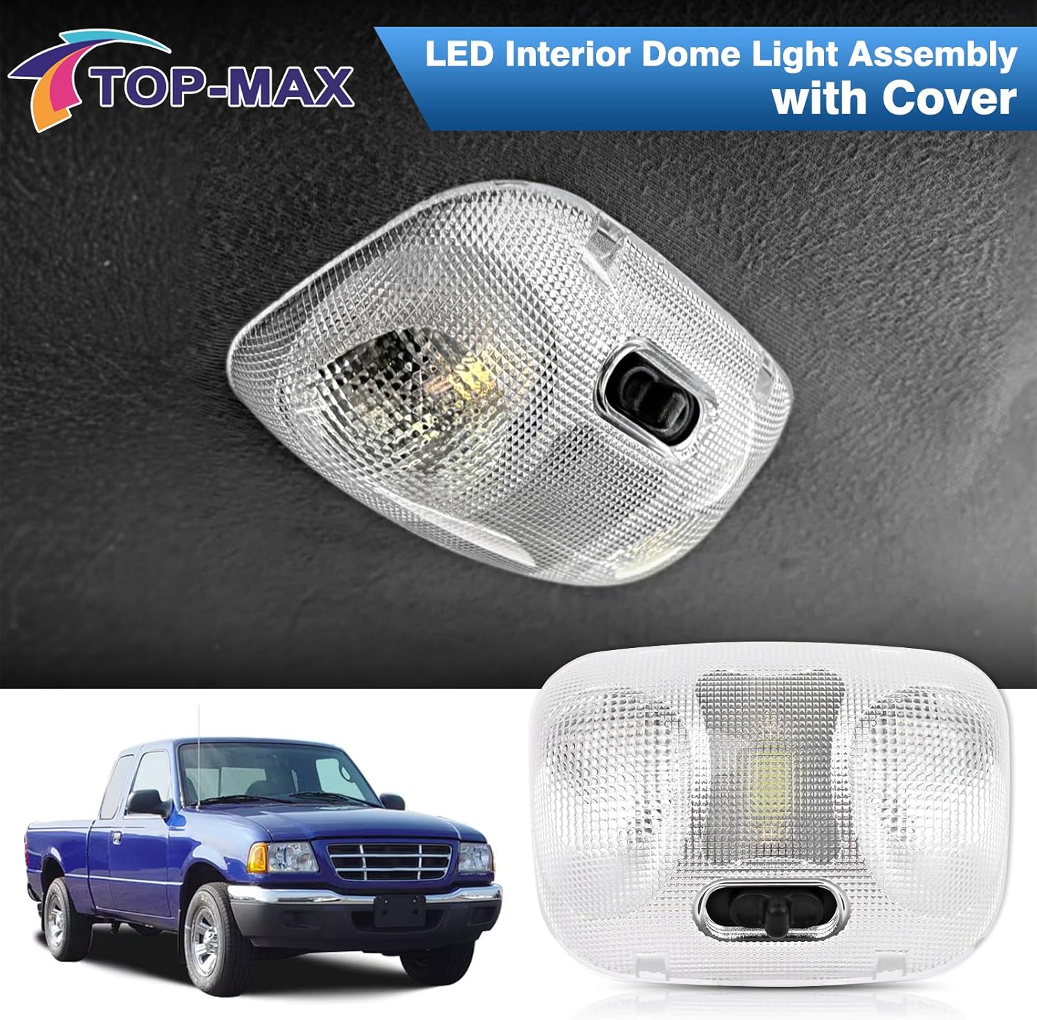 TOP-MAX LED Interior Dome Light Assembly with Cover Fit for Ford Ranger 1993-2004, Overhead Roof Headliner Map Light, Ceiling Reading Light Replaces F37Z-13776-B, F67Z-13783-AA