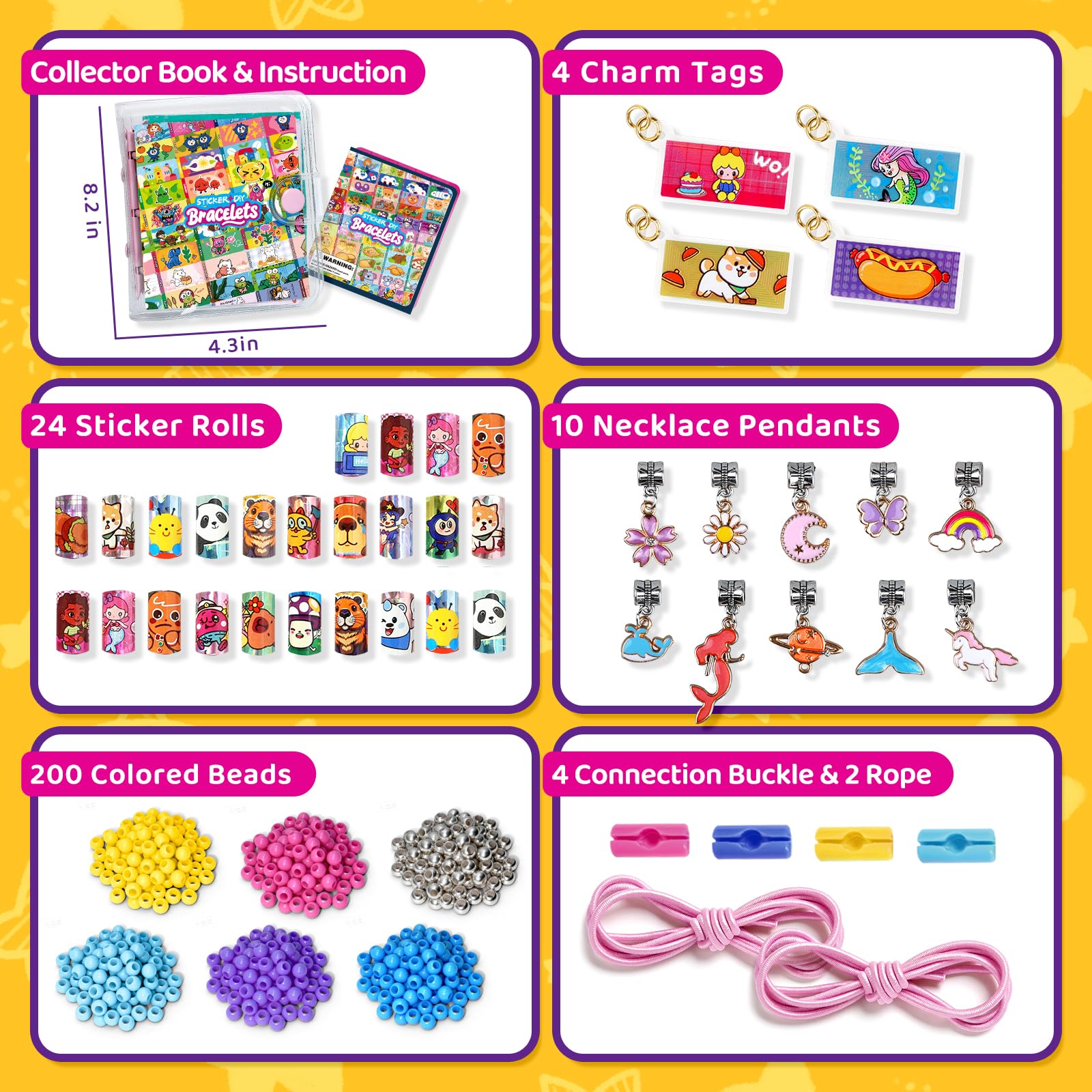 jhtigre Zestaw do tworzenia bransoletek z koralikami dla dzieci, 190 szt. mini naklejek, 10 metalowych wisiorków, książka kolekcjonerska, zestawy biżuterii DIY, bransoletki dla dzieci, prezent