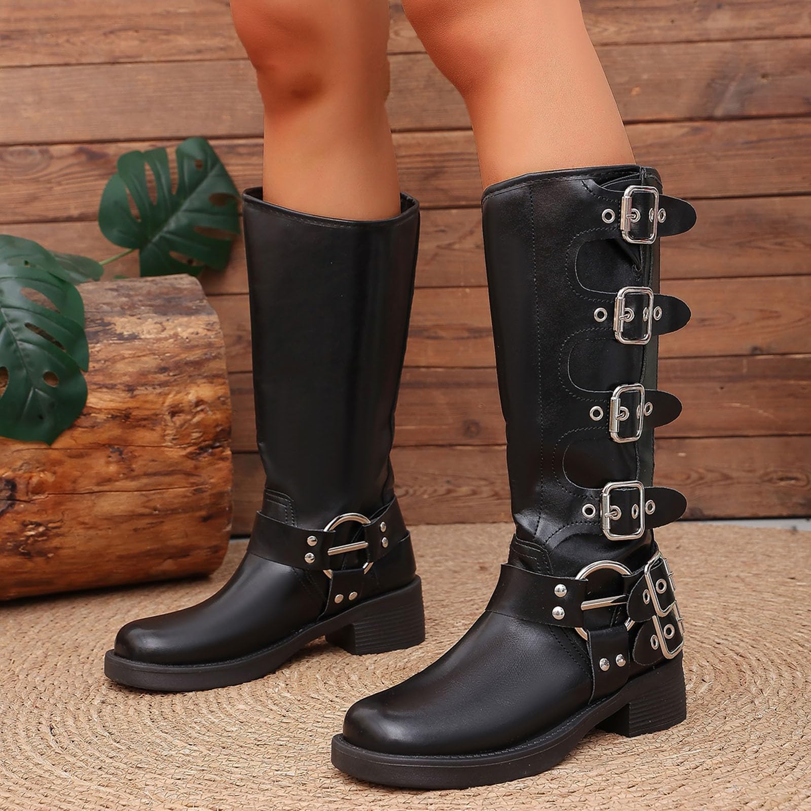 Generico Scarpe Stivali da Donna Al Polpaccio Biker Motociclista Boots | Stivaletti Fibbie Anfibi, in PU