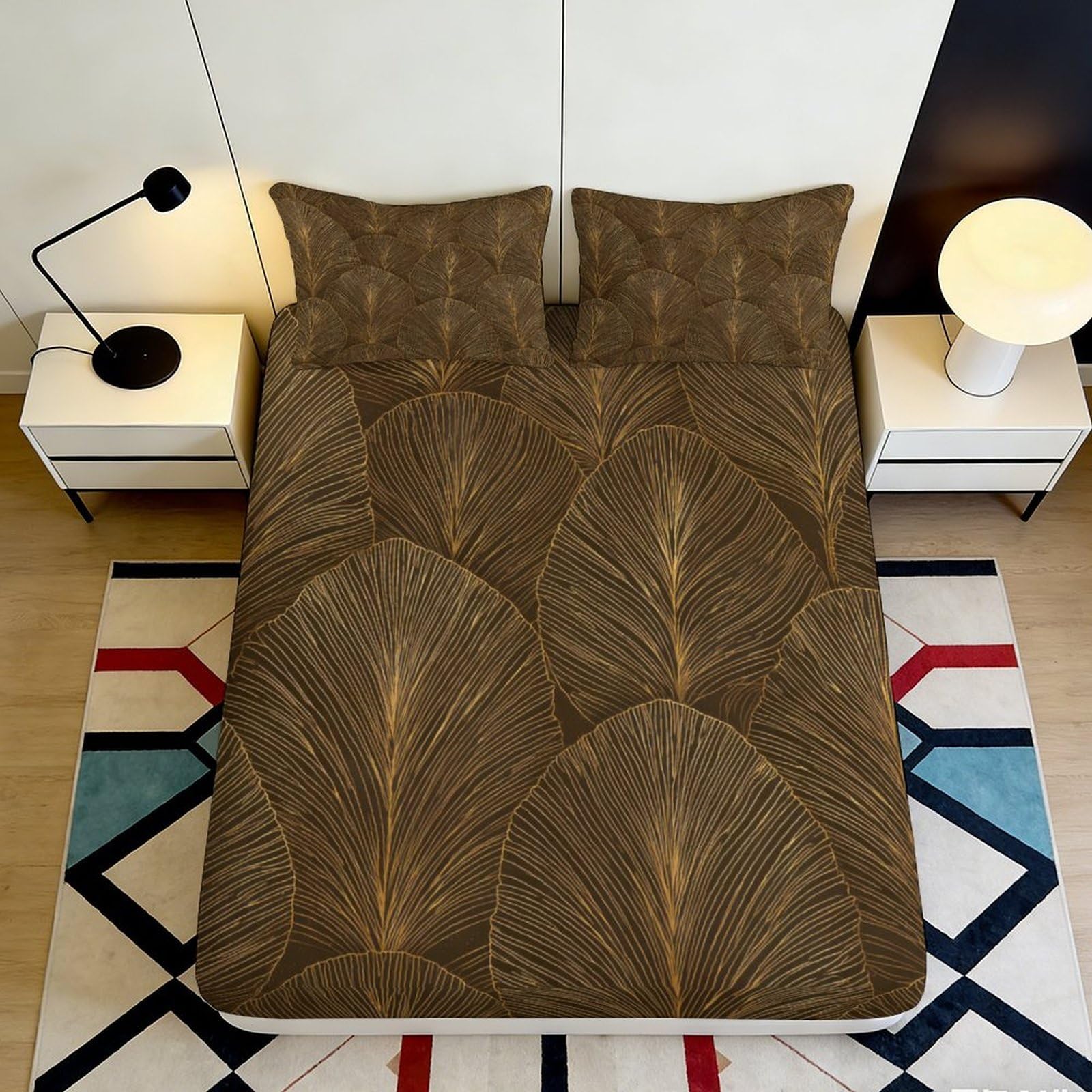 3D Printed Brown Ginkgo Leaf Fitted Sheet Microfiber Soft Modern Abstract Botanical Bed Cover for Bedroom Guest Room Decor 90x200x25cm