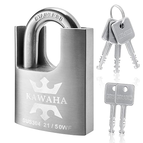 KAWAHA 21/50KD-5SK High Security Stainless Steel Shrouded Padlock with Key for Both Indoor and Outdoor use (Heavy Duty, Anti-Rust) (2 in. (50mm), Keyed Different - 5 Stainless Steel Keys)