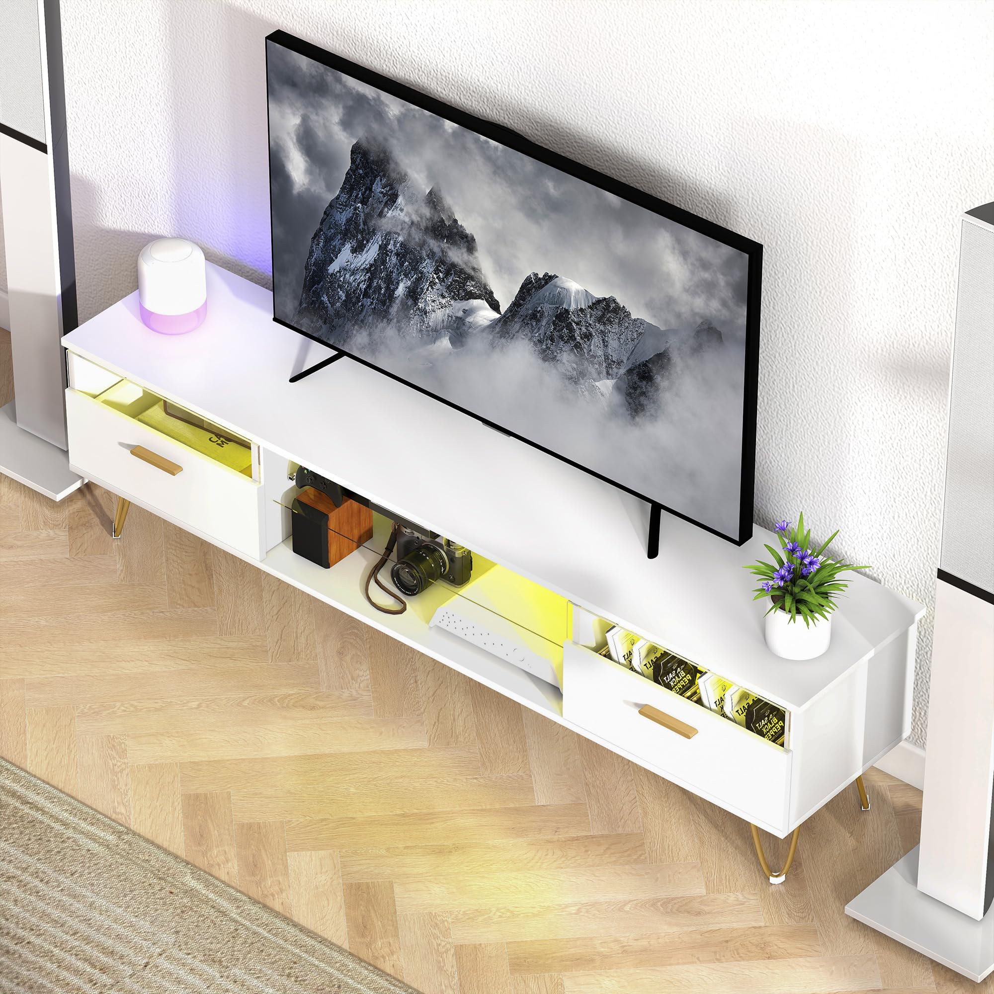 HOMCOM Meuble TV LED RGB 16 Couleurs 42 à 120 Pouces 160x35x42cm Blanc